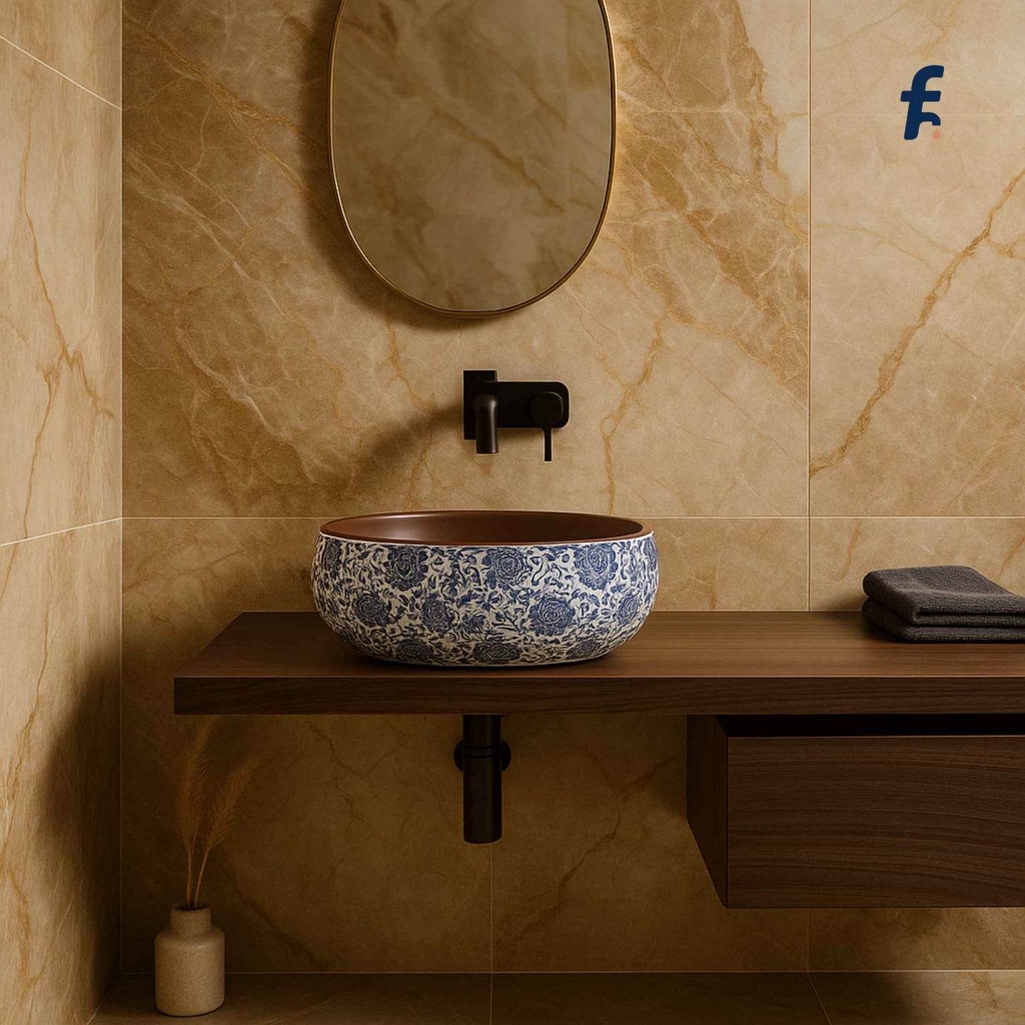 Bathroom setup with a floral-patterned sink on a wooden shelf against a marble wall.