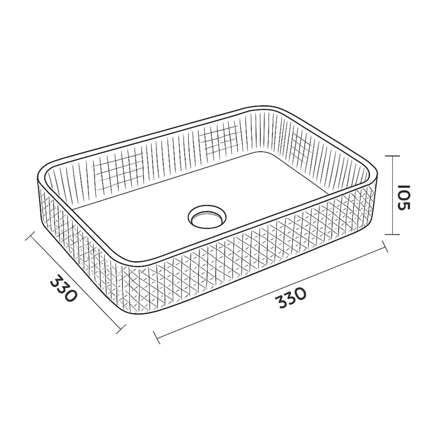 Technical sketch of rectangular glass basin EQCB:015 – dimensions 445mm length, 330mm width, 105mm height