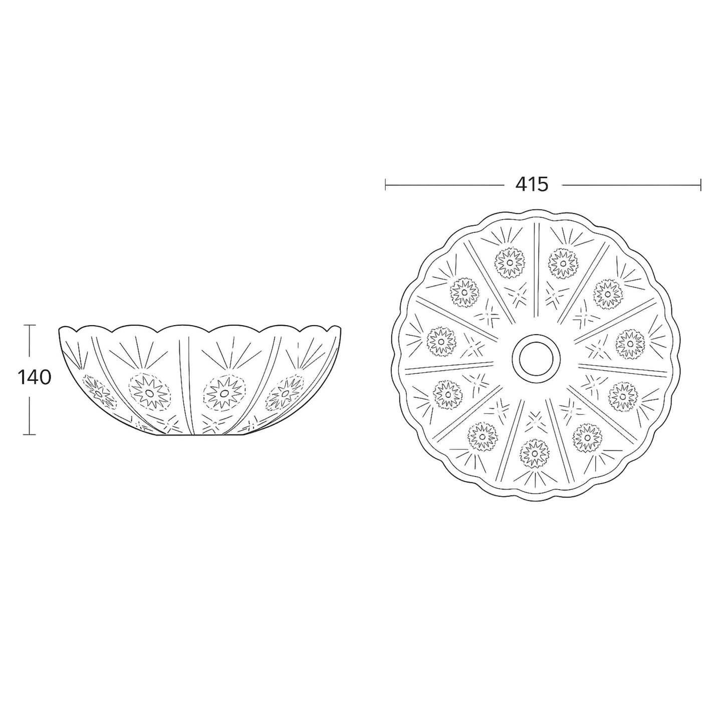 Technical sketch showing dimensions of 415x415x140mm round crystal glass basin