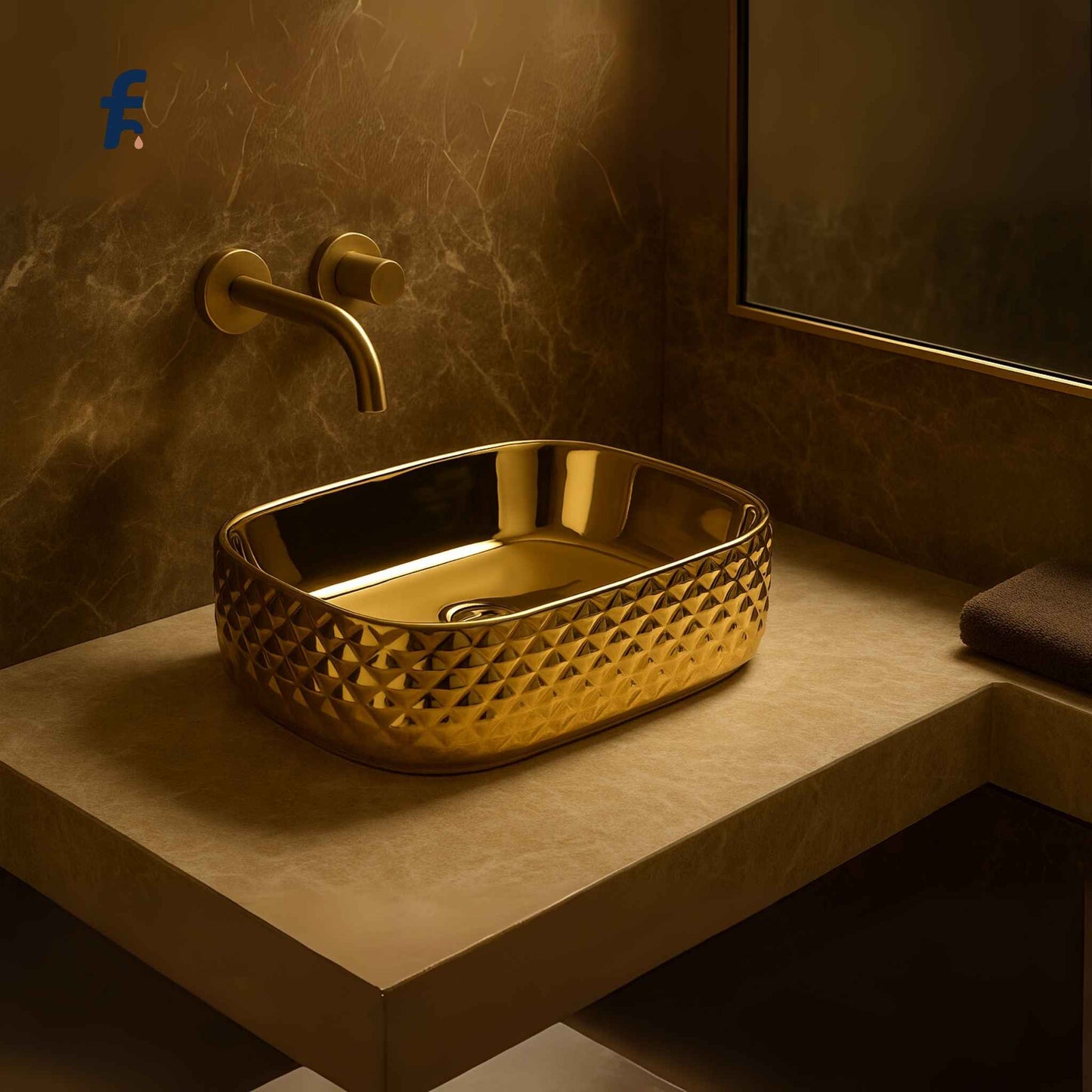 Luxury glossy gold washbasin front view in a modern bathroom