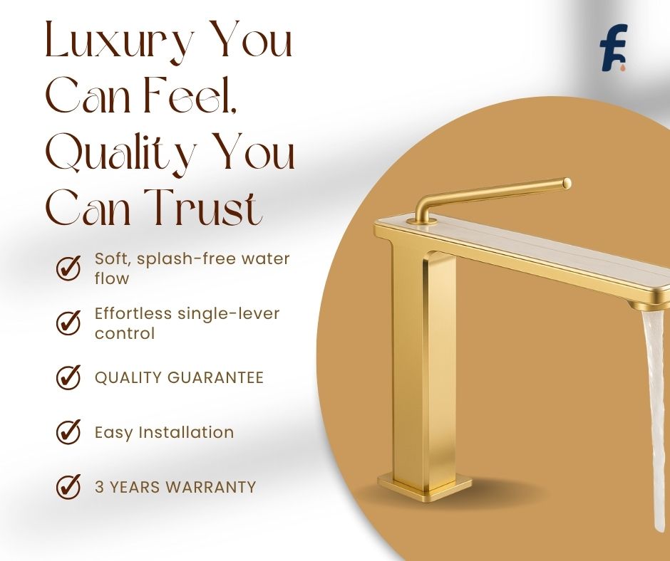 Gold faucet with features listed on a white and gold background Premium gold marble-top countertop basin faucet for luxury interiors.