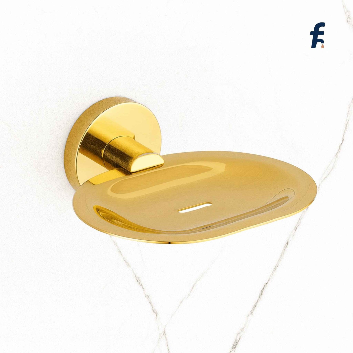 Gold soap dish on a white background Gold-plated soap dish with minimalist design for bathroom wall