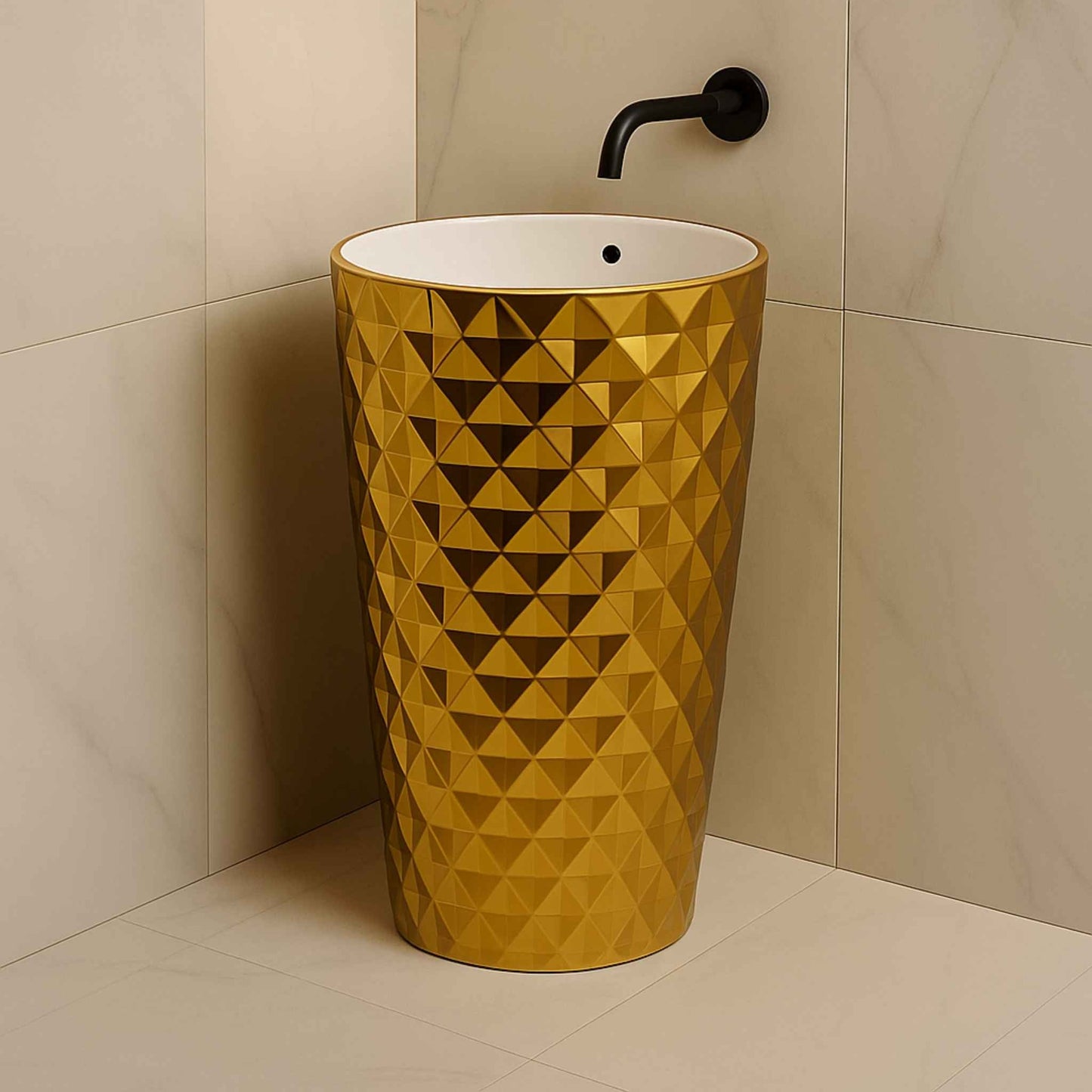 Gold diamond cut pedestal wash basin with white ceramic top and black wall-mounted tap, placed in a modern luxury bathroom.