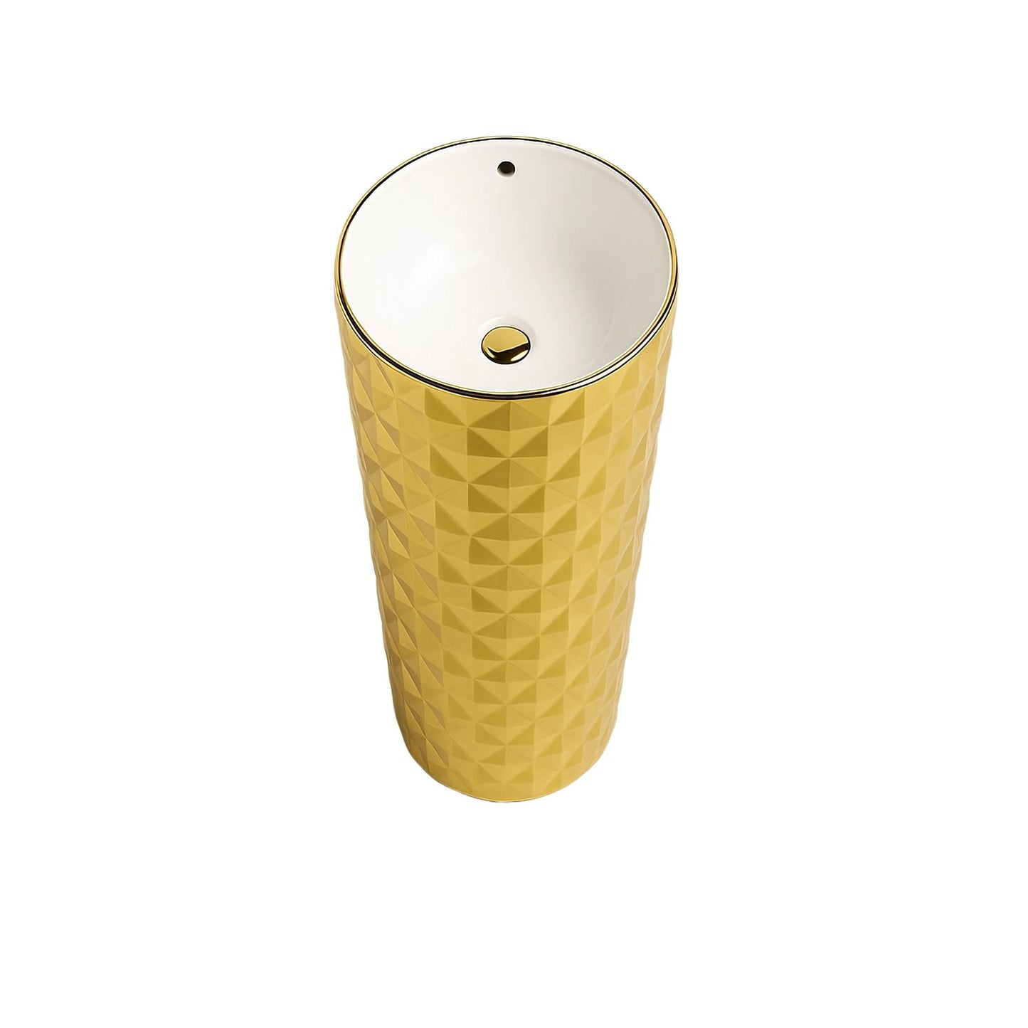 Top view of freestanding gold pedestal washbasin with white ceramic bowl