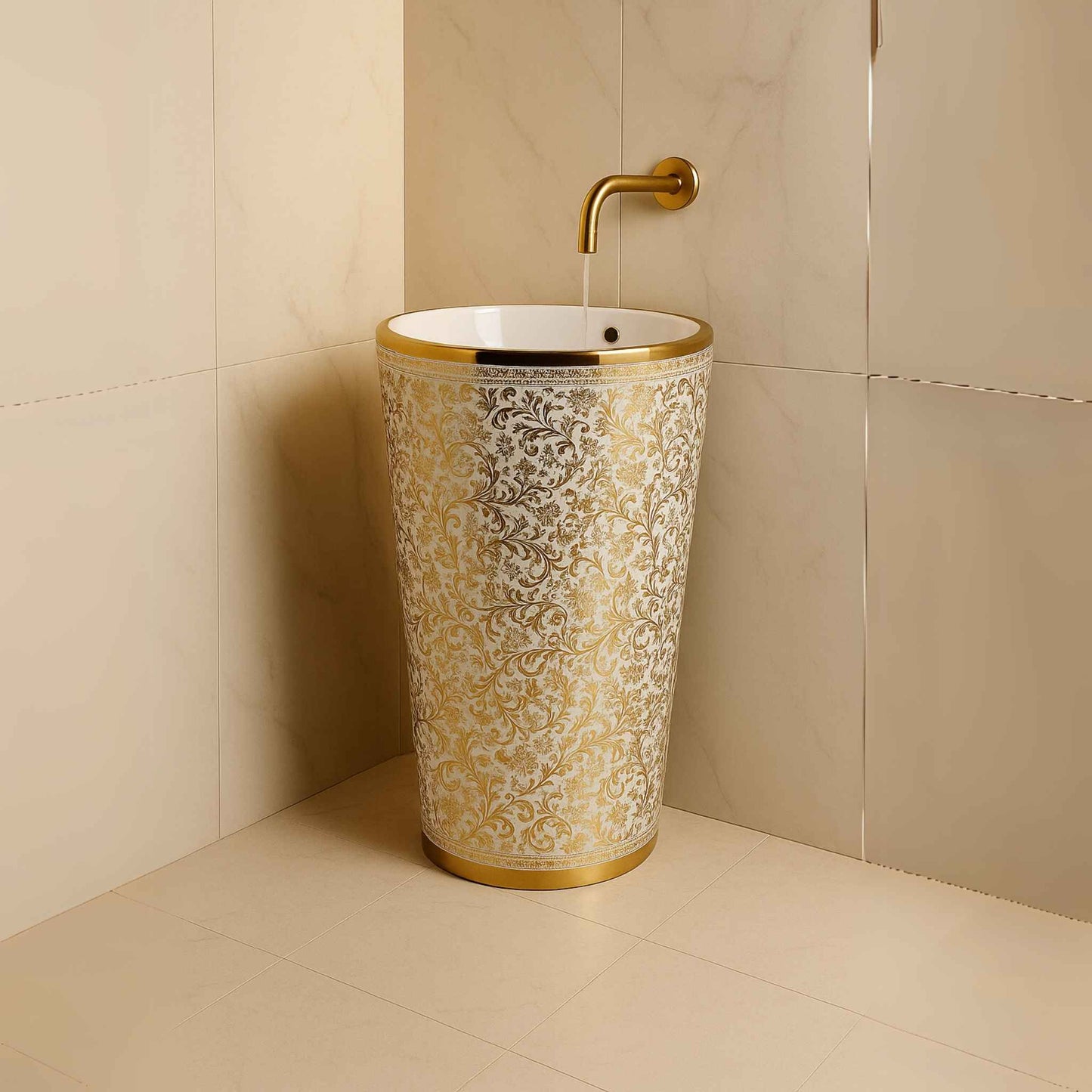 Front view of white ceramic pedestal basin with gold floral desig