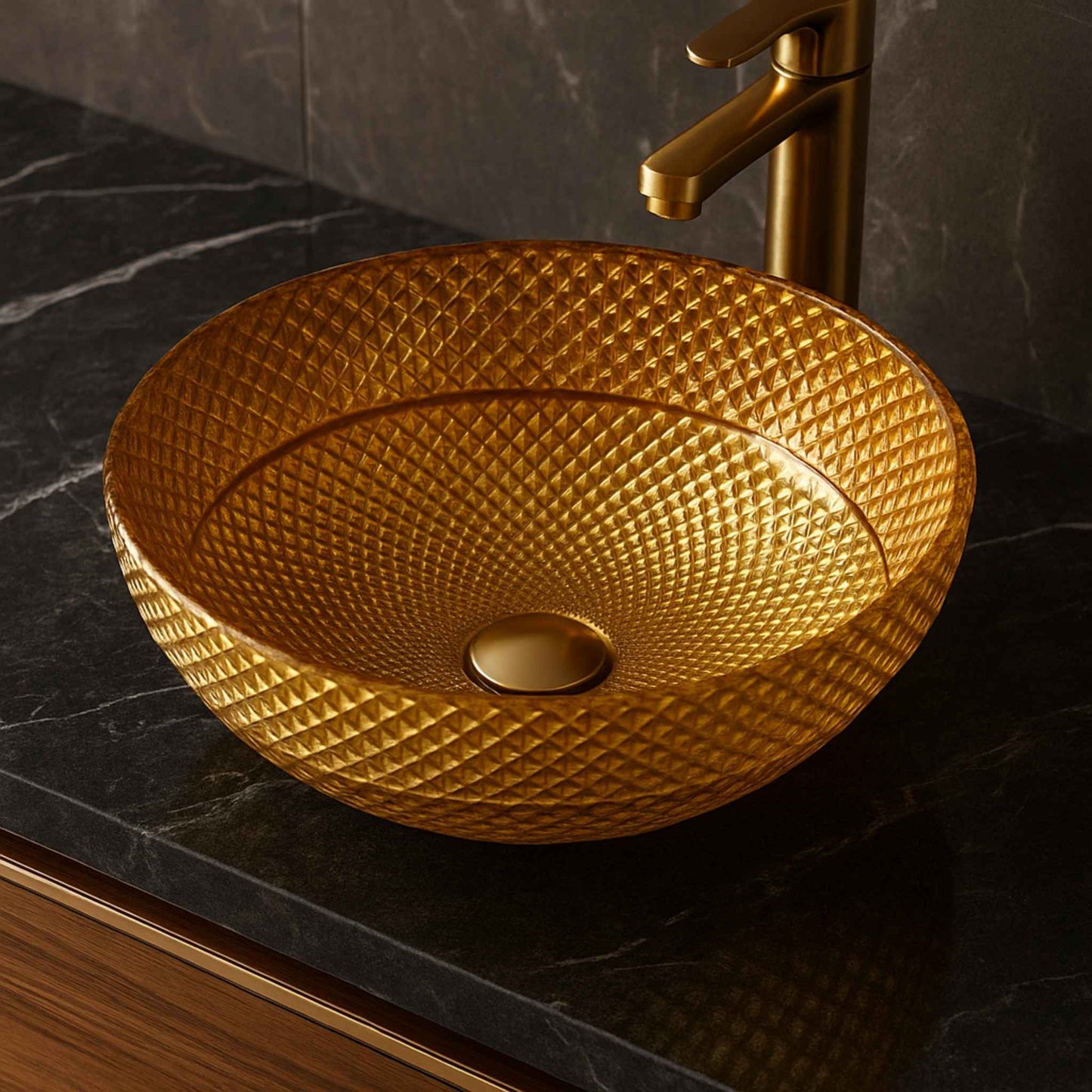 Detailed close-up of gold glass basin texture showing diamond pattern finish