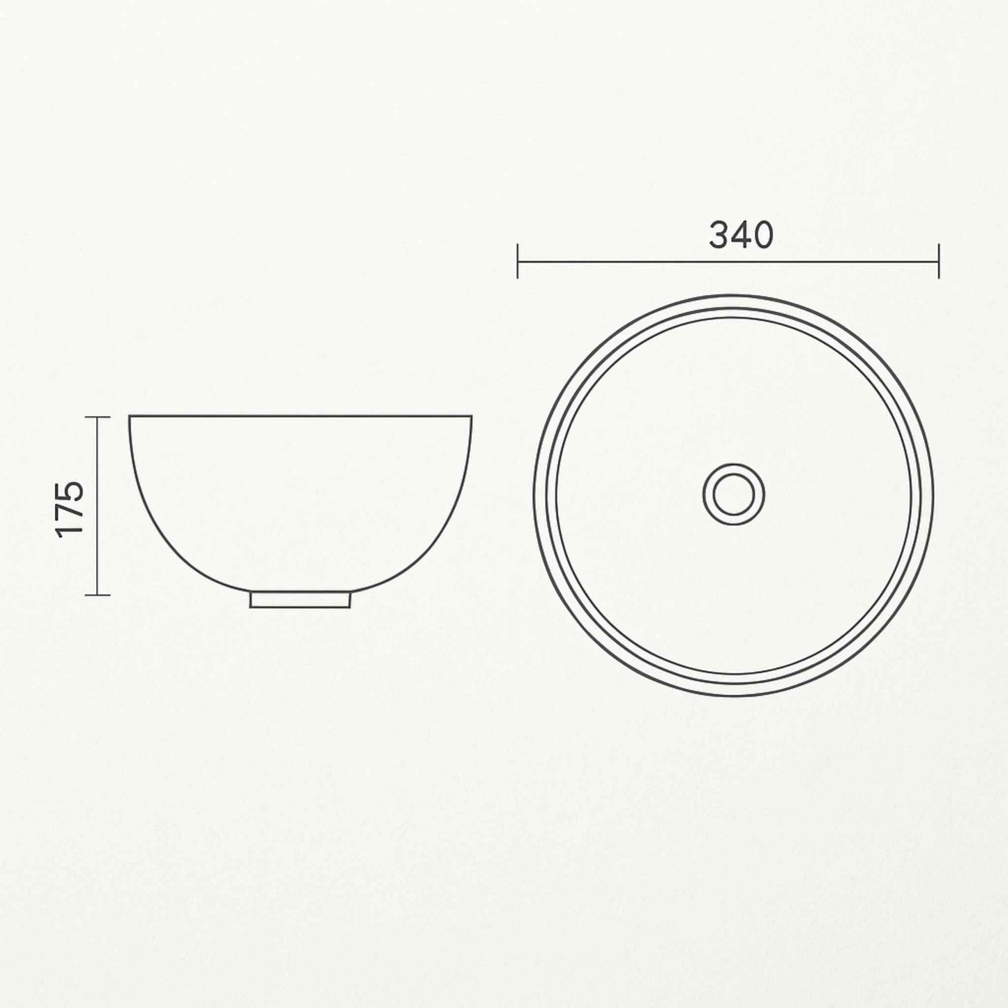 Technical diagram of EQCB:005 glass basin – 340mm diameter and 175mm height