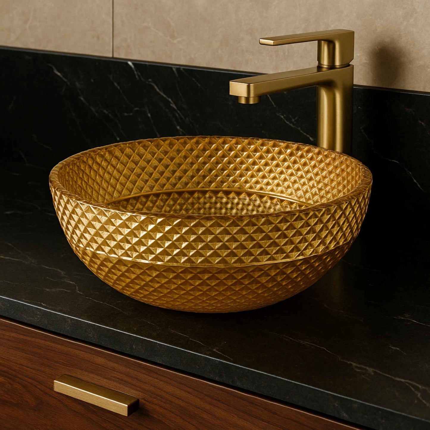 Side profile of compact gold glass wash basin with diamond texture – EQCB:005