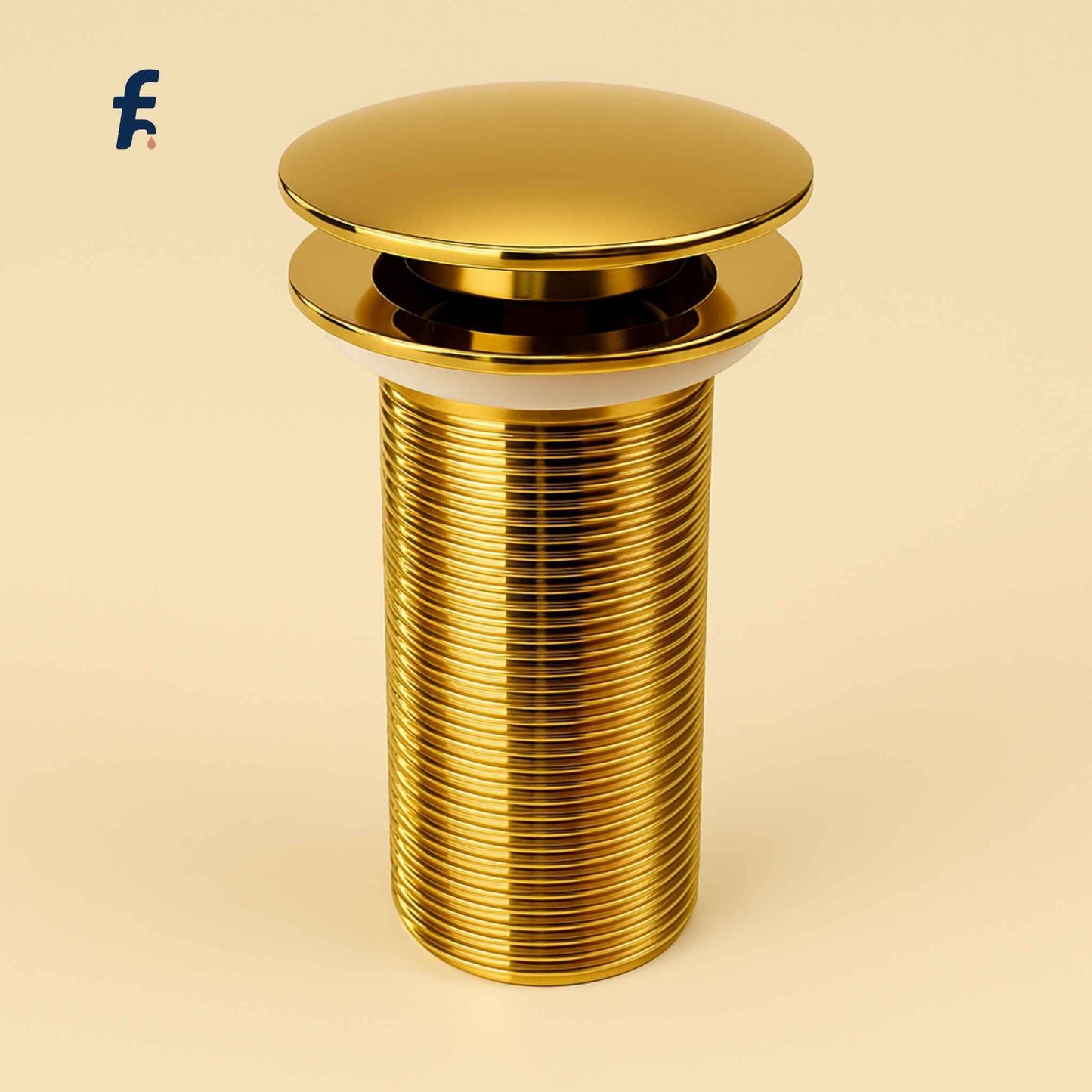 Front view of glossy gold pop-up waste coupling for premium basins