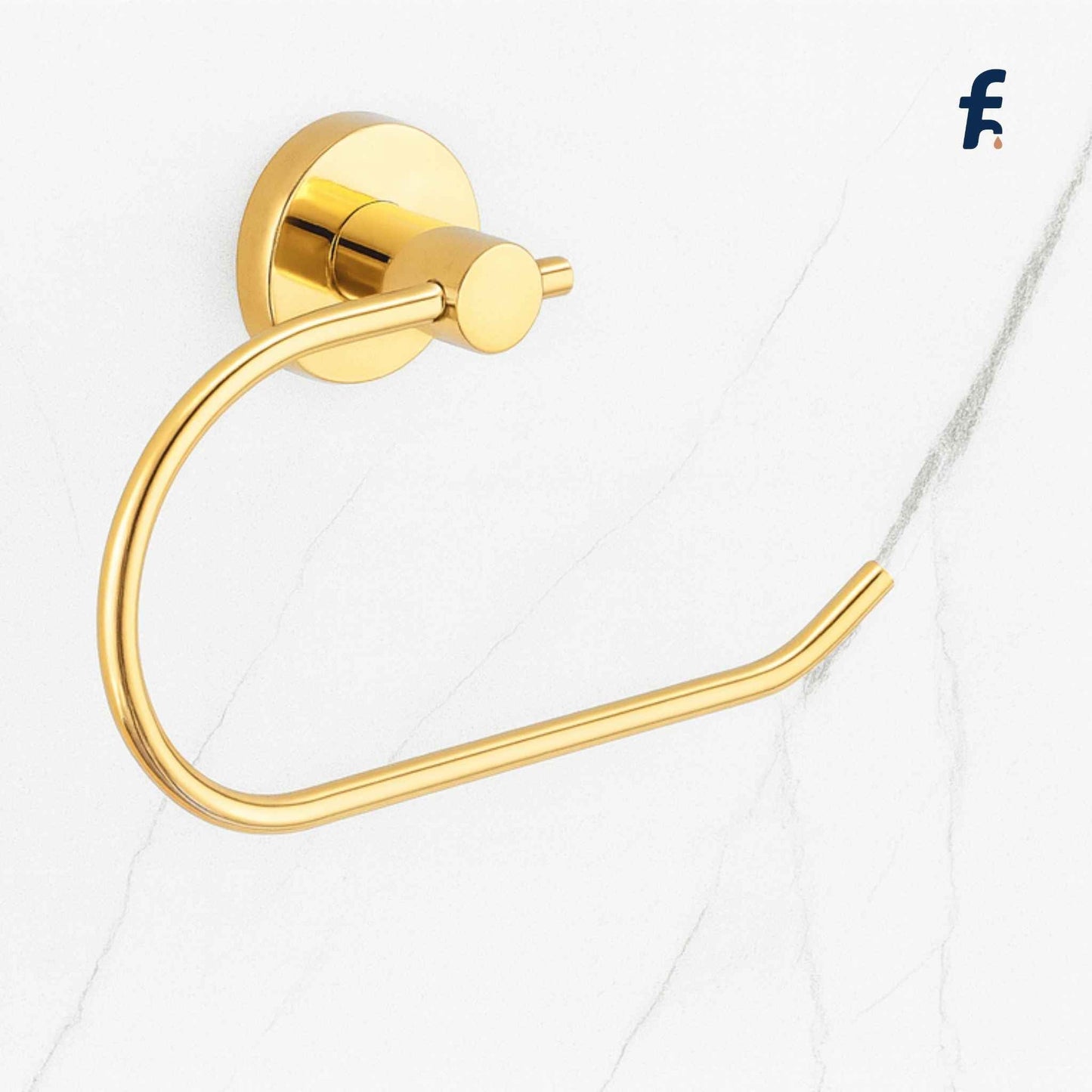 Gold towel ring on a white background Wall-mounted golden napkin ring holder for bathroom towels