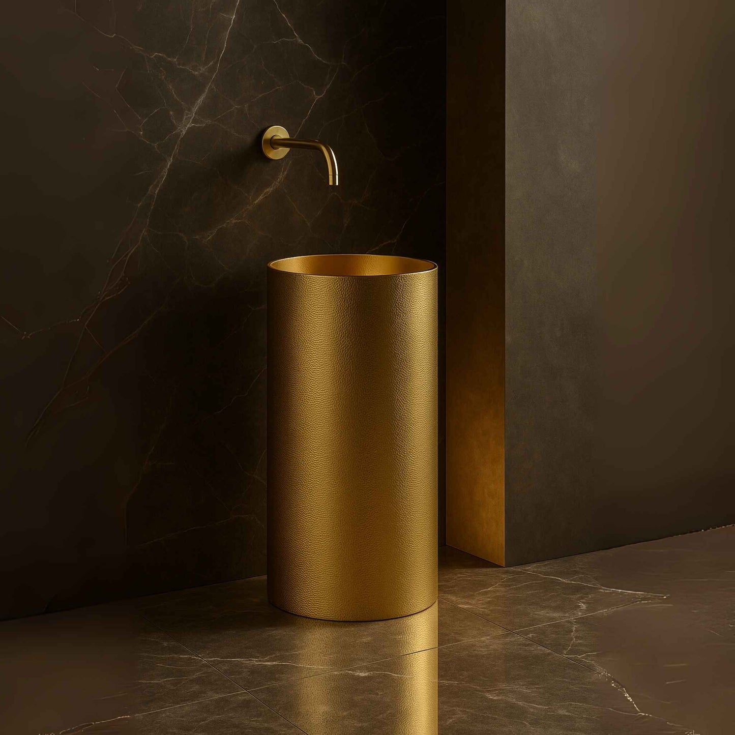 Side angle of freestanding gold pedestal basin in modern luxury interior