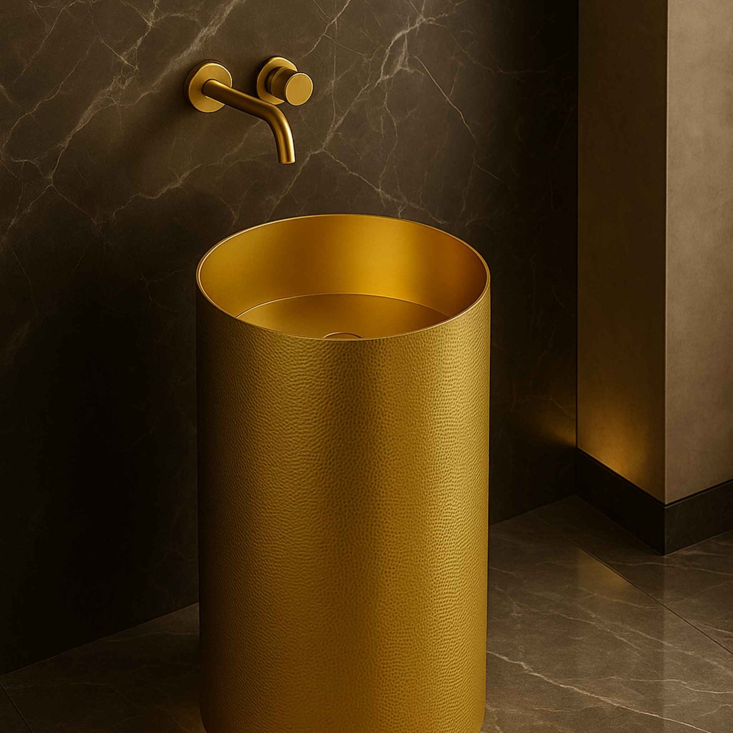 Top view of textured gold designer pedestal basin with wall-mounted faucet