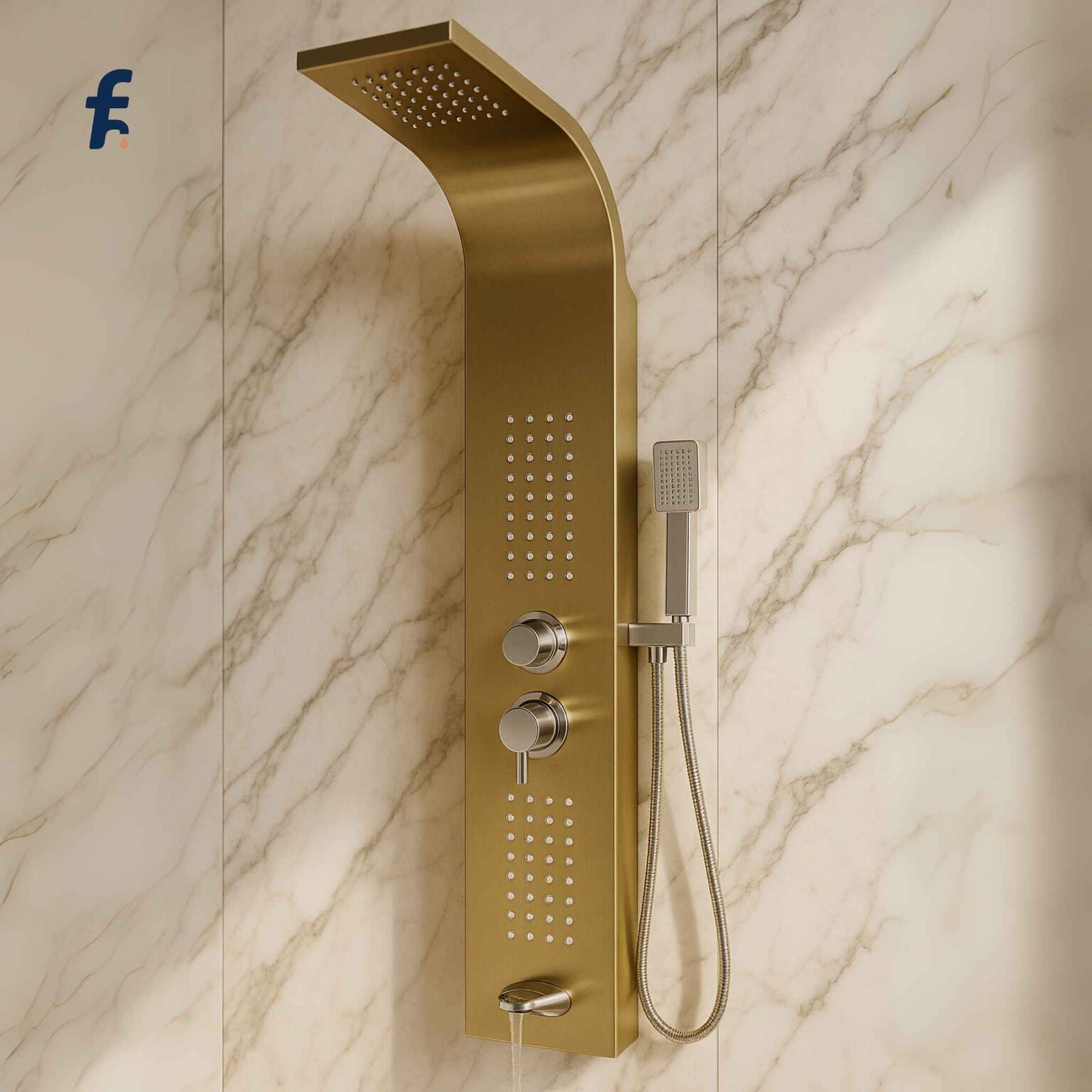Close-up image of premium gold shower panel showing rain shower and massage jets