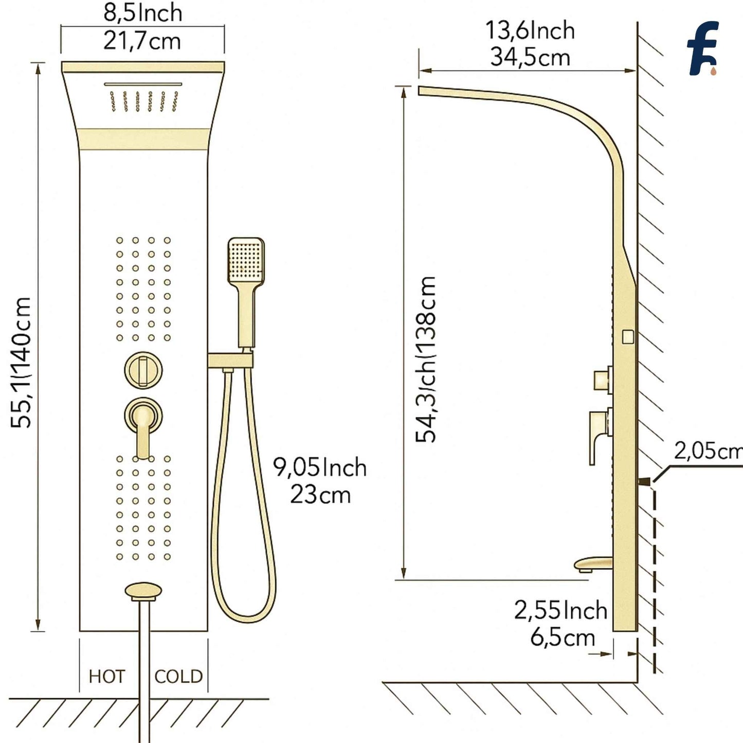 Measurement chart of a shower system with dimensions labeled