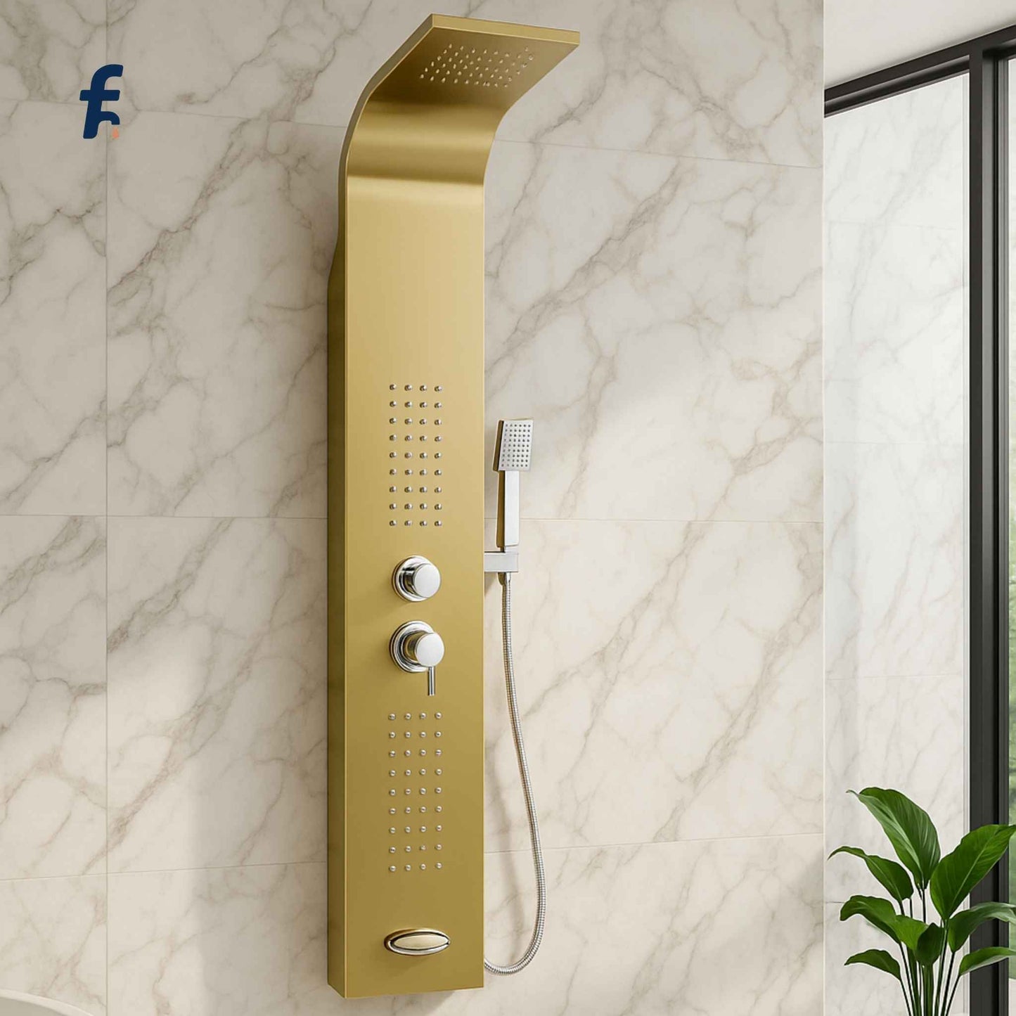 Gold shower panel system mounted on a marble wall with a plant in the corner.