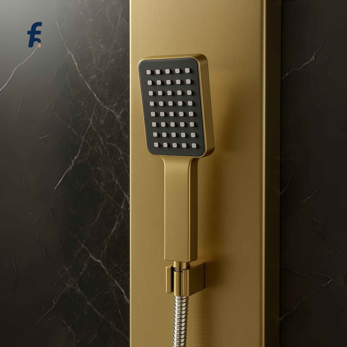 Gold shower head with black square nozzle on a dark marble background