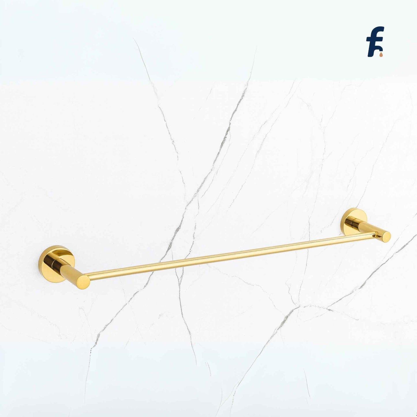 Gold towel bar on a light background, Luxury gold towel rail installed on marble wall in bathroom