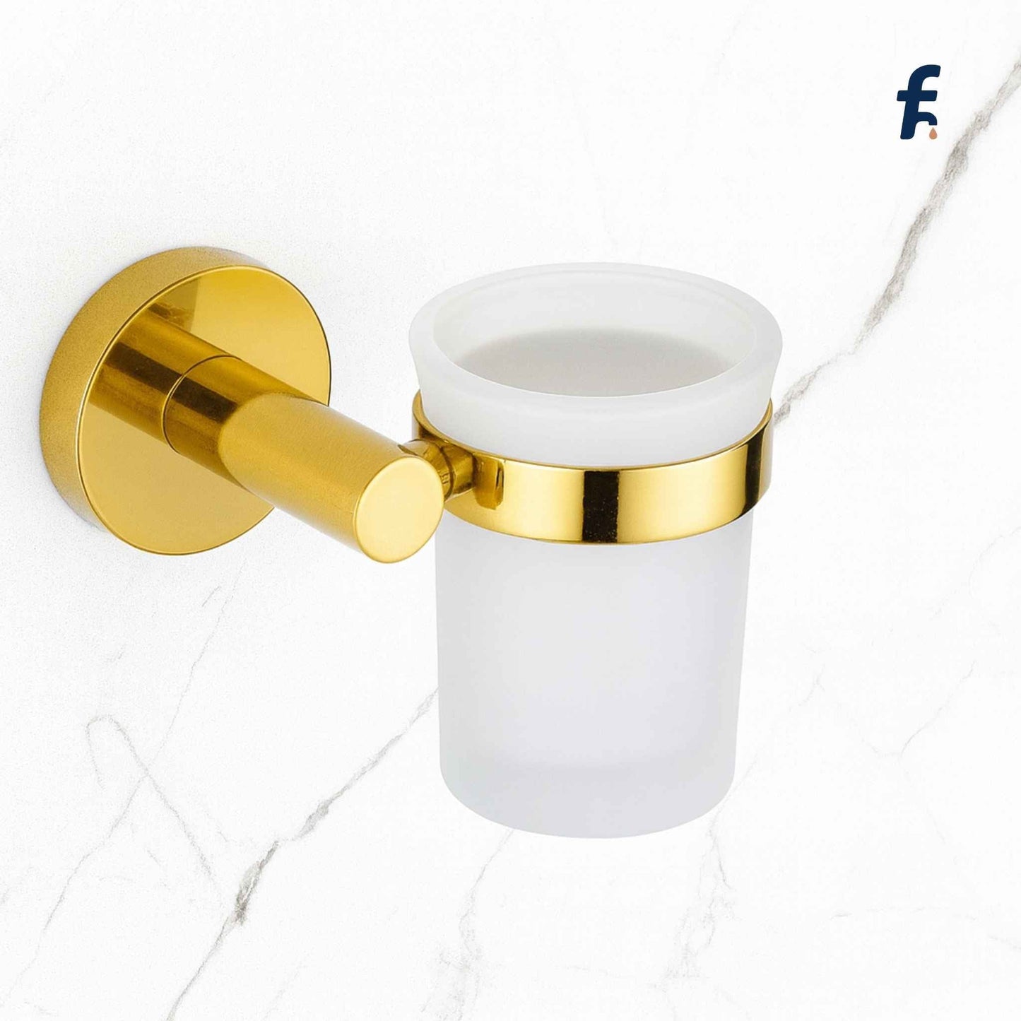 Gold and white wall-mounted toothbrush holder on a light background, Gold wall-mounted tumbler holder with frosted glass for bathroom