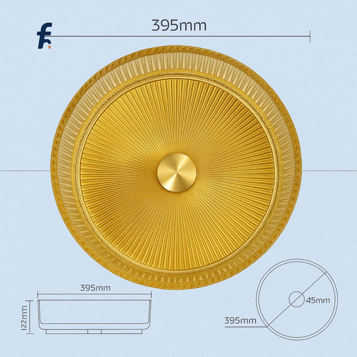 Gold decorative ceiling medallion with measurements on a light blue background