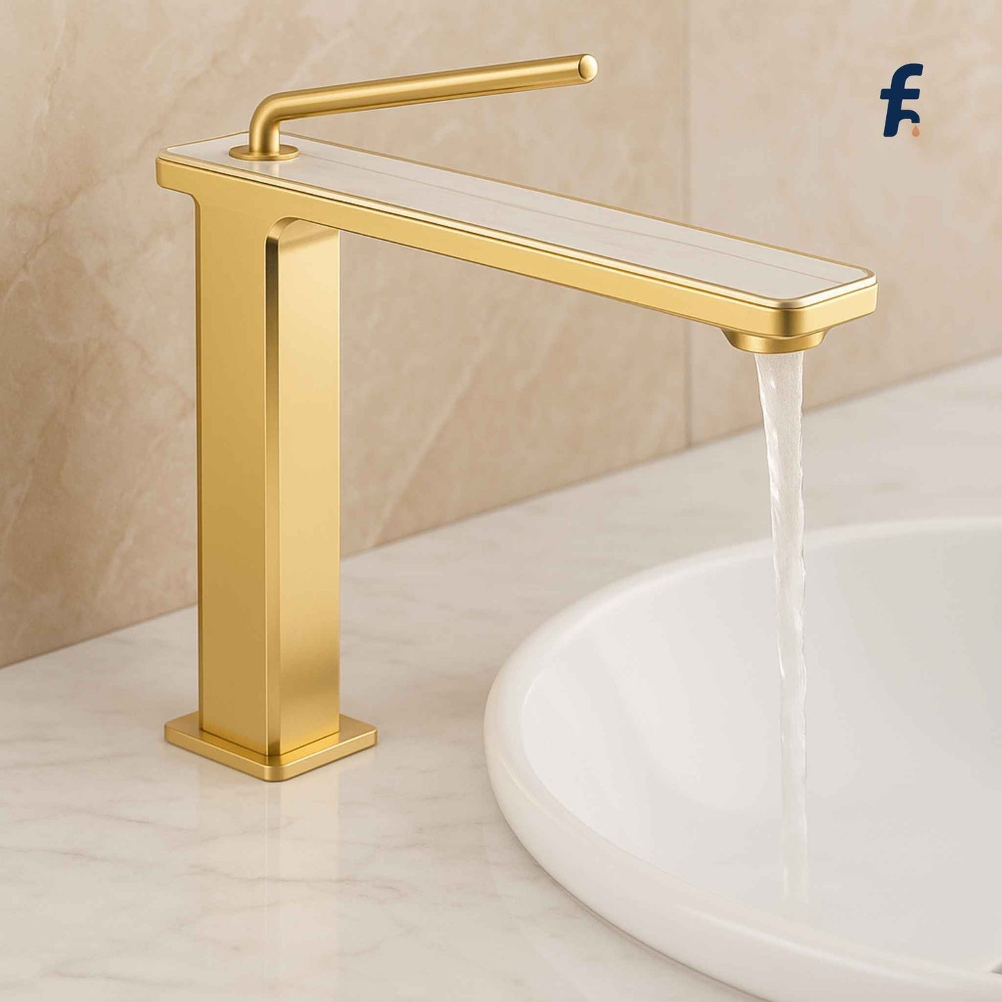 Gold faucet with water flowing into a sink against a beige wall. Side view of gold and white marble bathroom faucet with premium brass body.