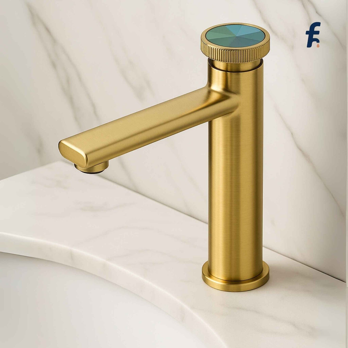 Gold faucet with green handle on a white background