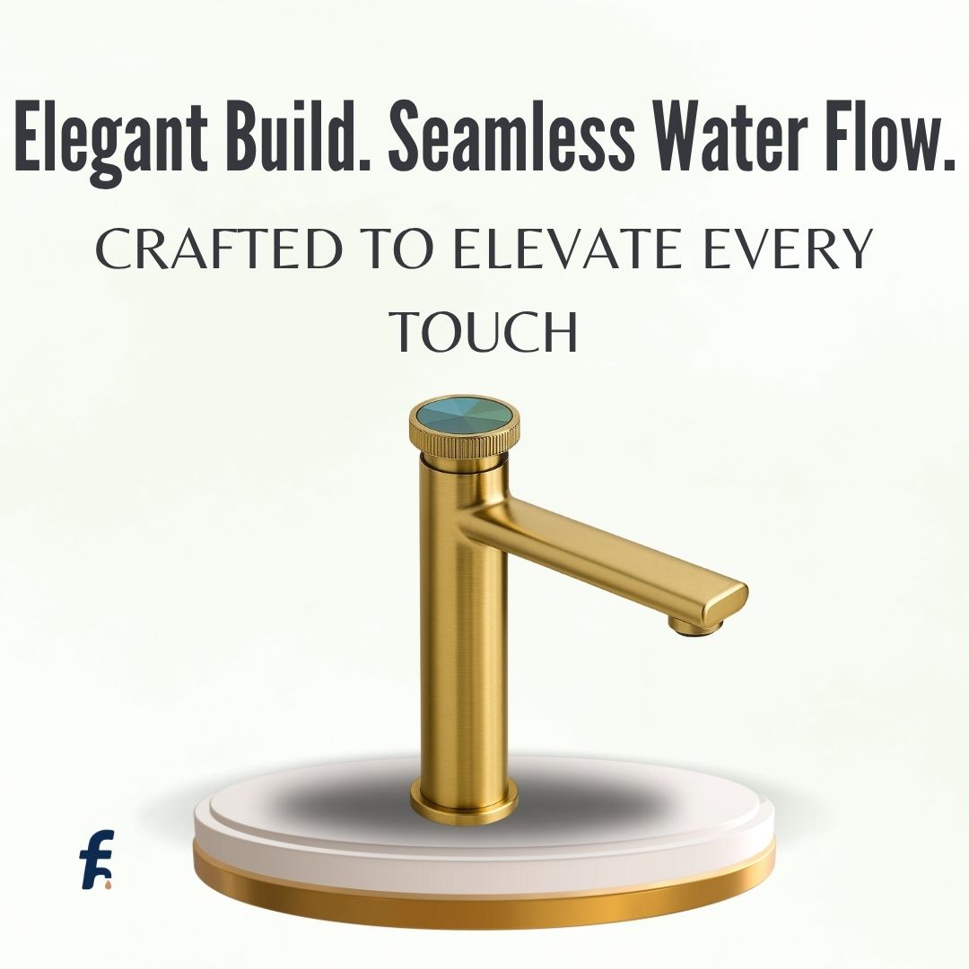 Gold faucet on a white background with text about water flow and design.
