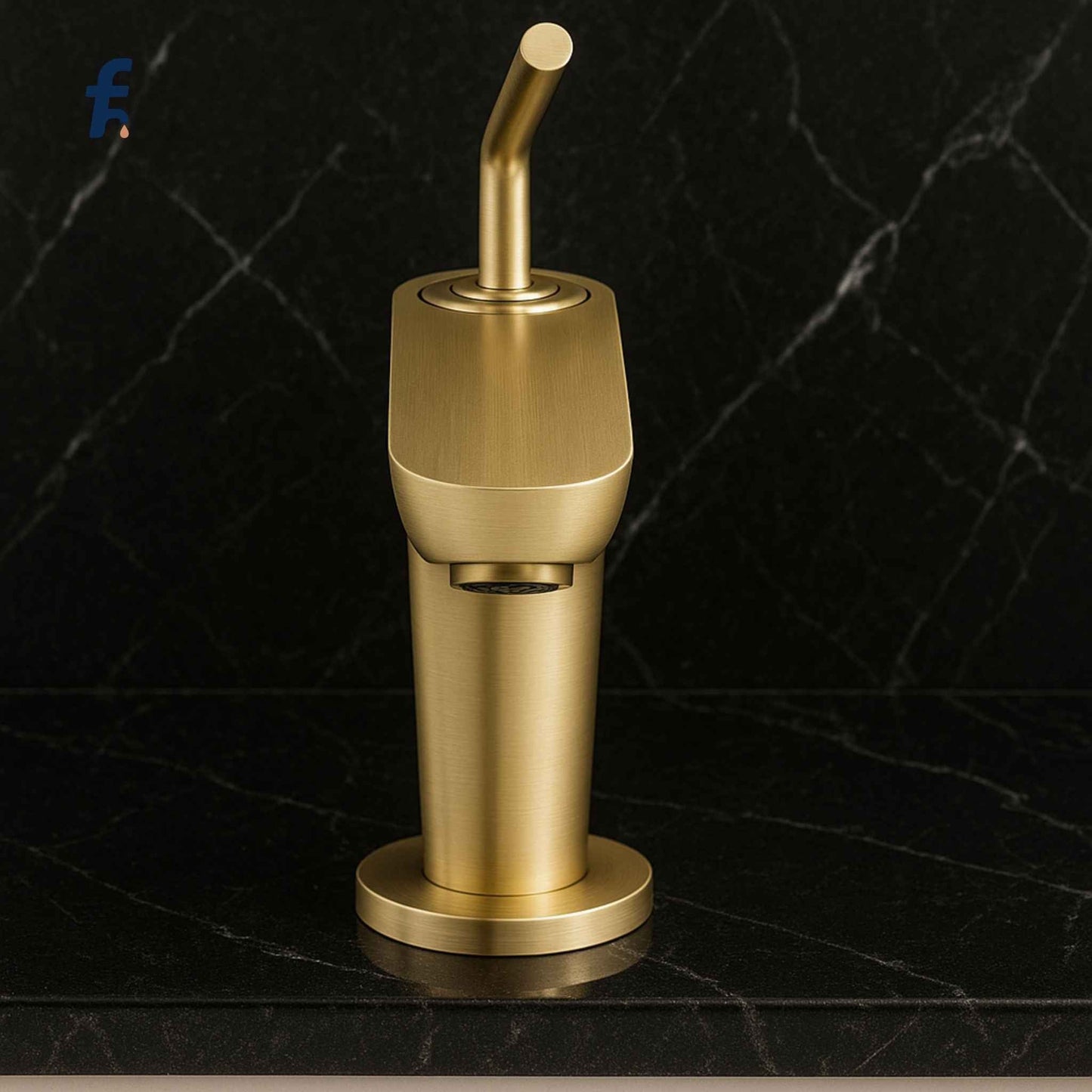 Gold soap dispenser on a black marble background, Side close-up of brushed gold bathroom faucet with elegant finish