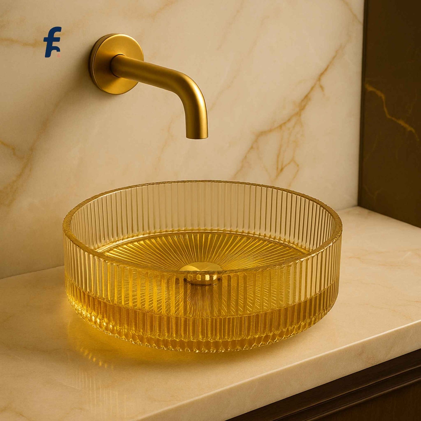 Gold glass washbasin and faucet on a luxurious bathroom for indian homes.