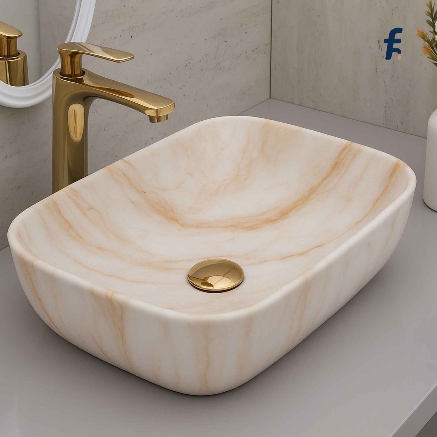 Marble-patterned sink with gold faucet on a bathroom counter, 18x13 golden marble finish wash basin front angle with gold faucet – Affordable Series