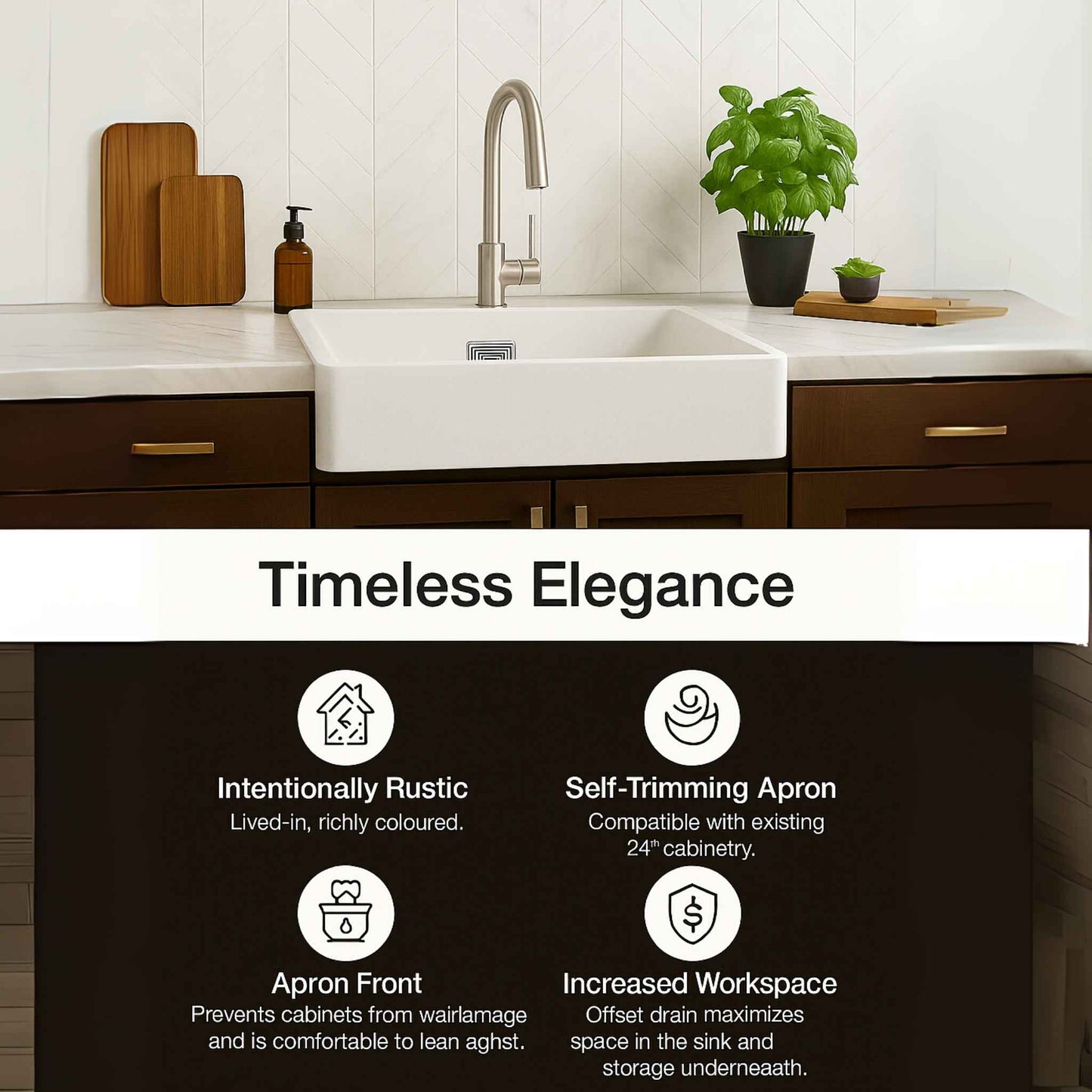 Ad-style image showing Graniridge white granite sink with free waste coupling and pipe