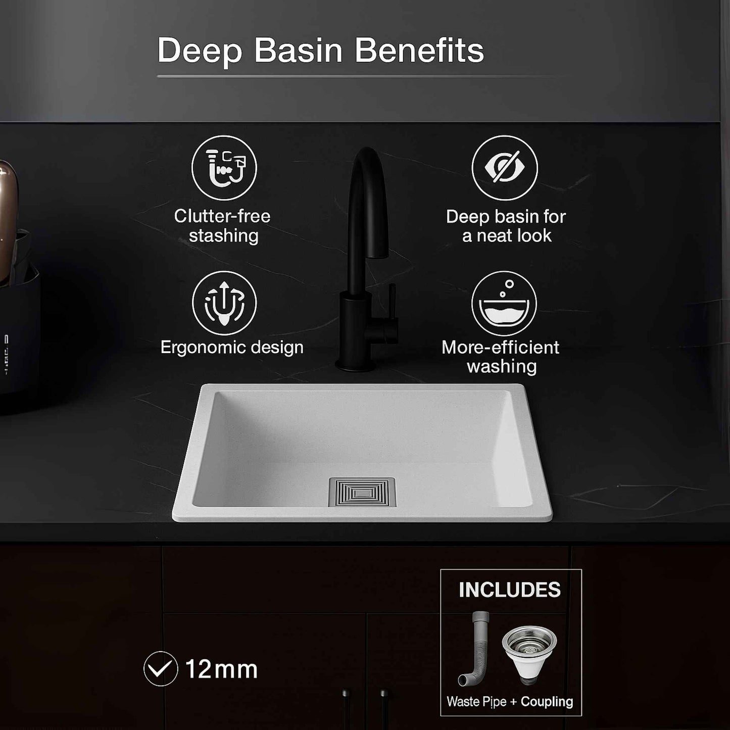 Infographic displaying dimensions and specifications of Graniridge Series granite kitchen sink