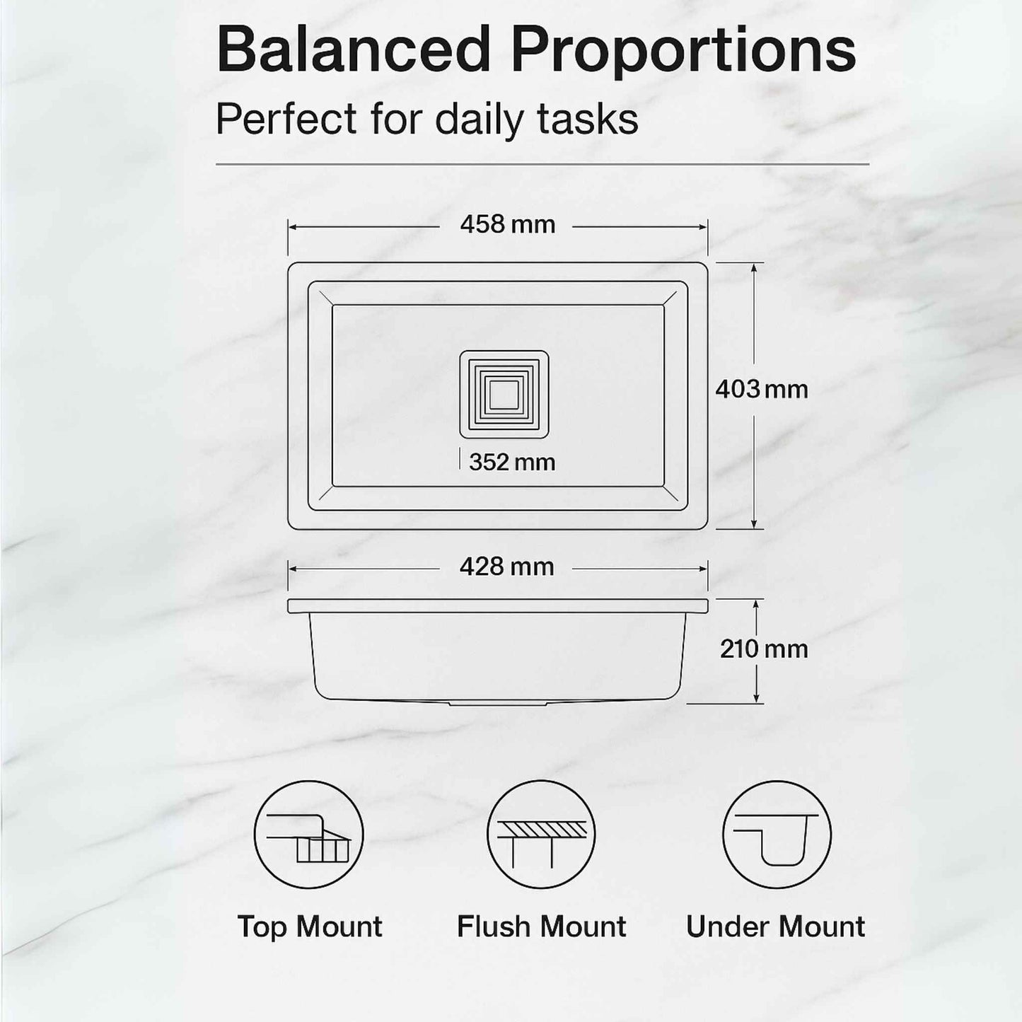 Technical drawing showing dimensions of Graniridge Series granite kitchen sink – 458mm width, 407mm depth, 210mm height