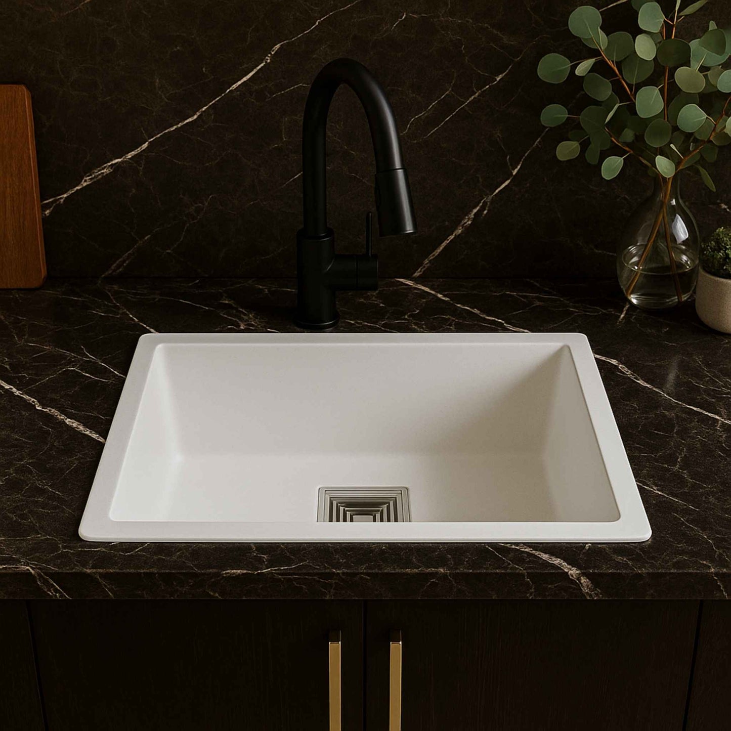 Front view of Graniridge white granite kitchen sink with speckled matte finish