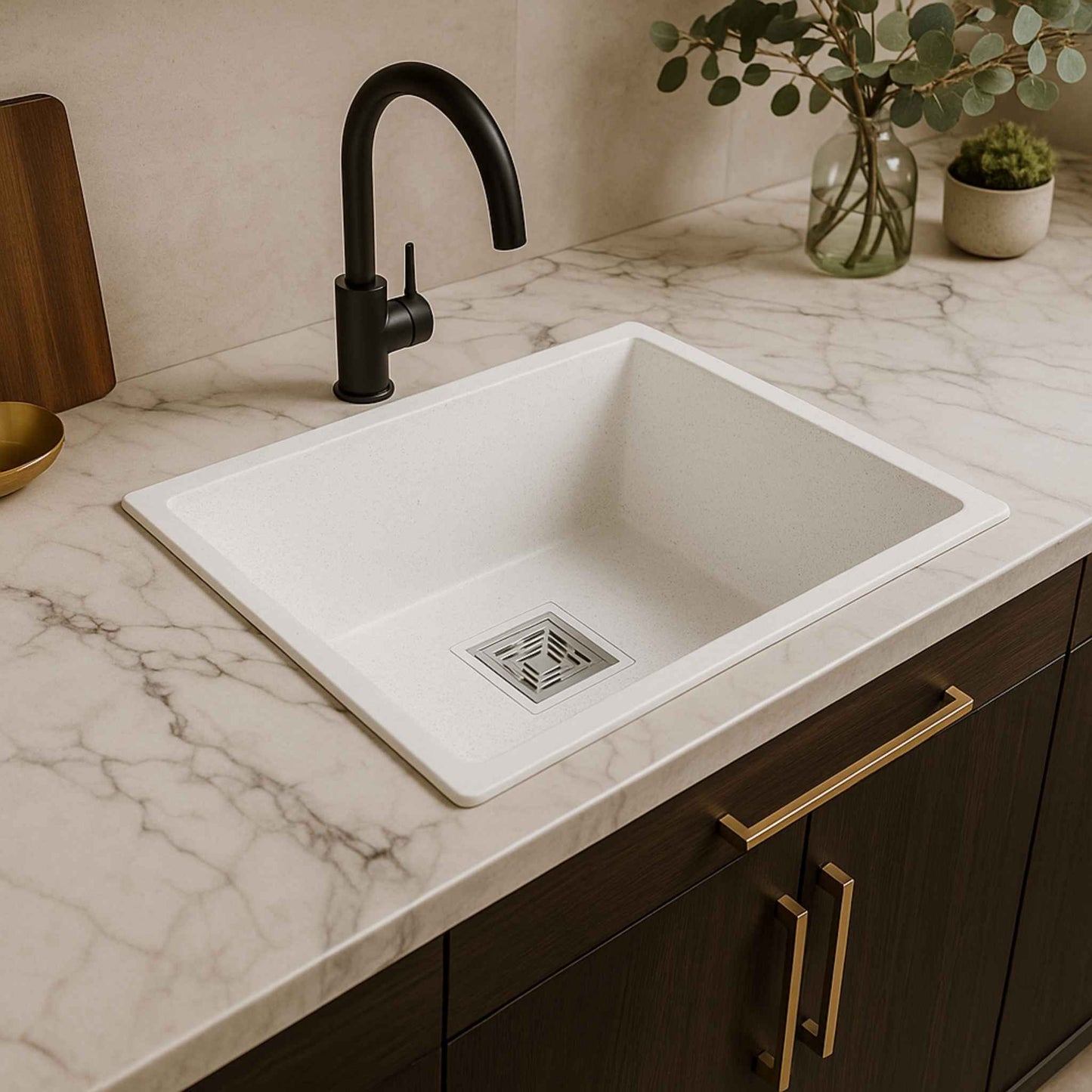 Side profile of 12mm thick white granite kitchen sink from Graniridge Series