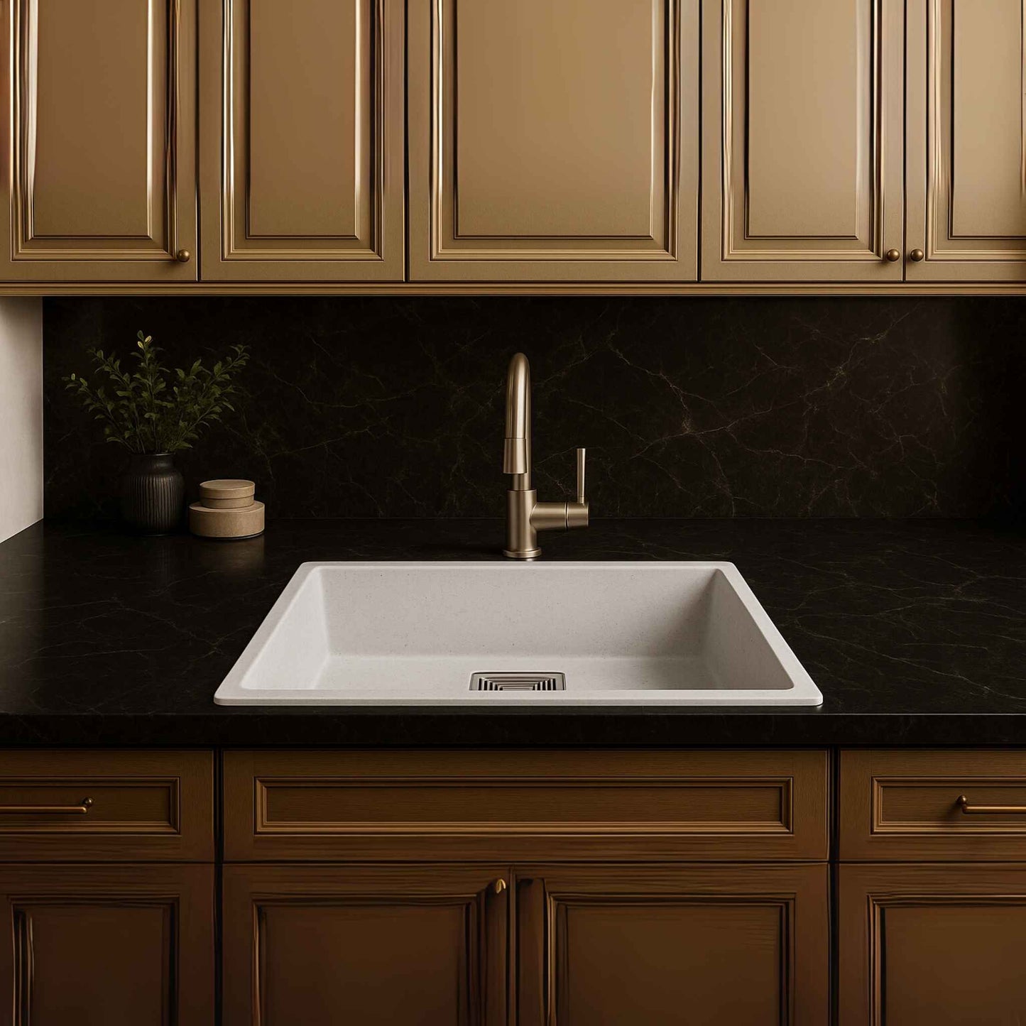 Full kitchen view showcasing white granite sink with dark grey Italian marble platform