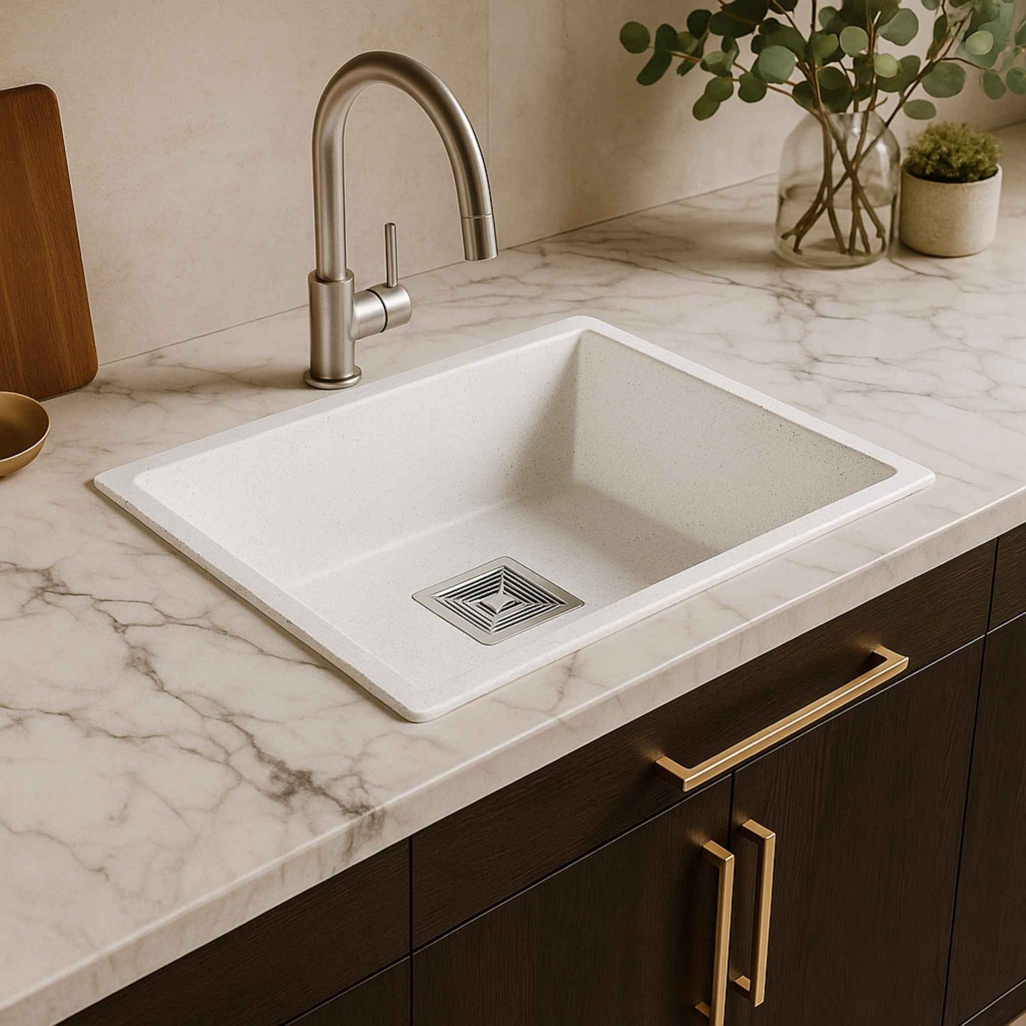 Graniridge Series white granite kitchen sink installed in modern luxury kitchen with quartz countertop