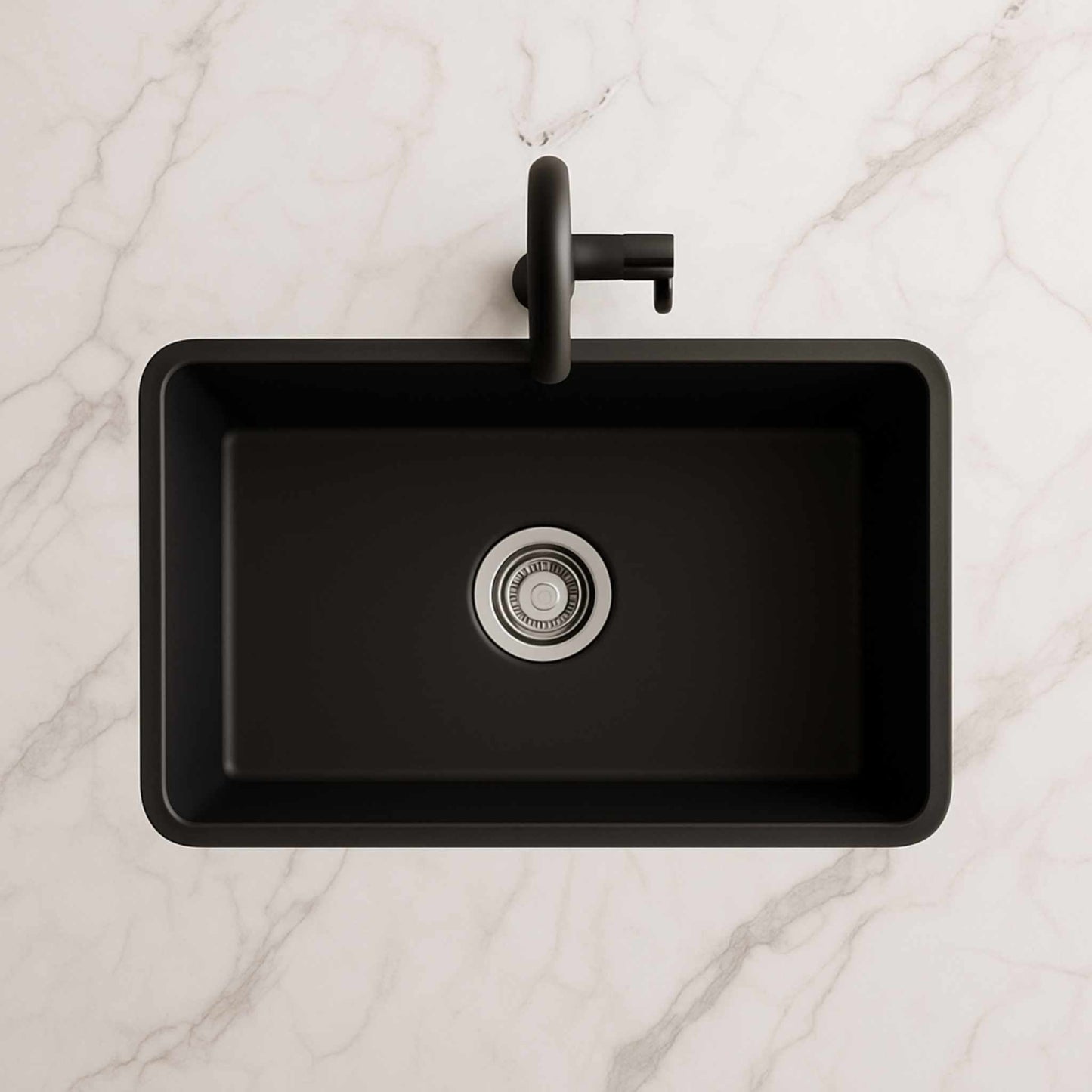 Top angle of black granite kitchen sink in modern Indian kitchen