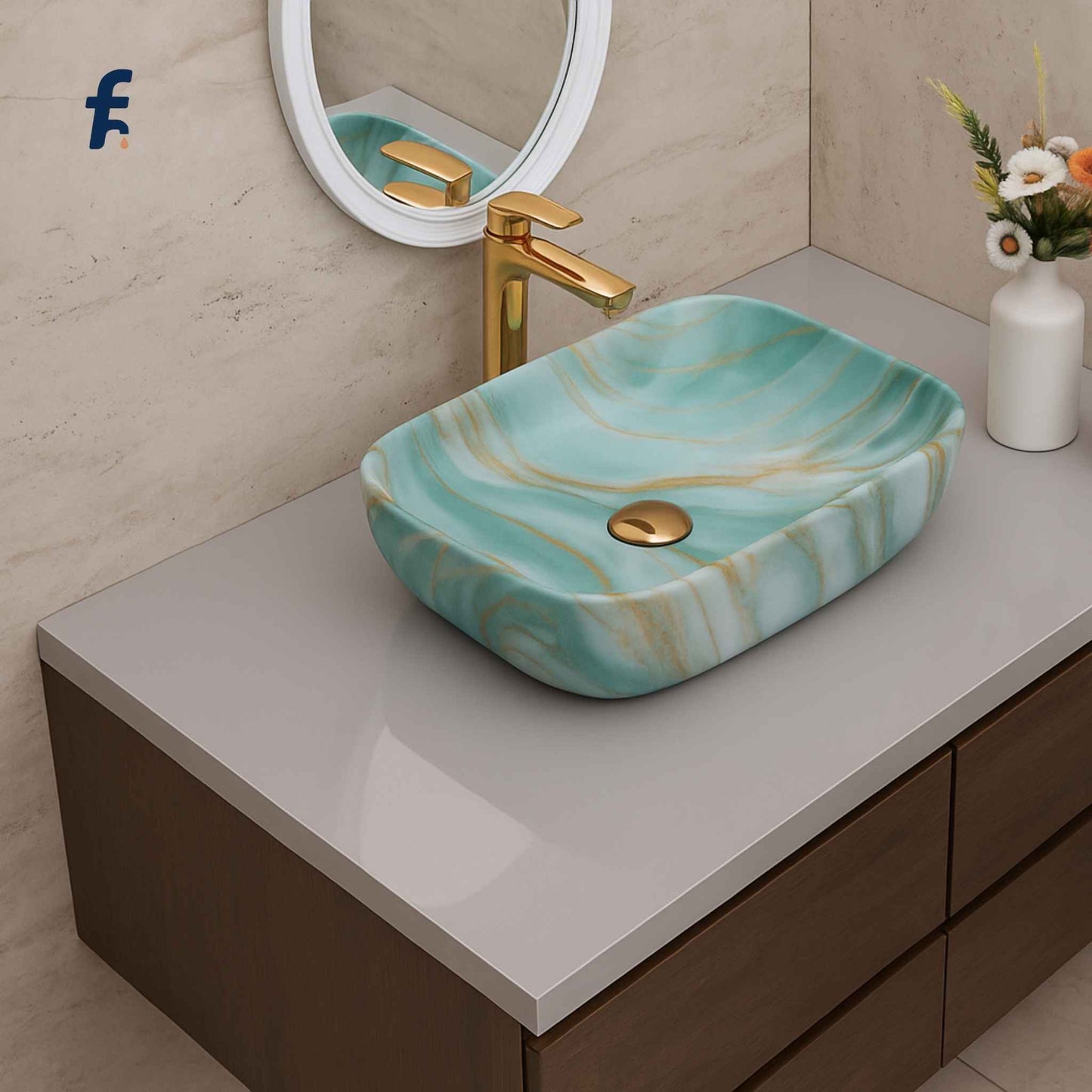 Bathroom vanity with a turquoise marble sink and gold faucet, Luxury bathroom setup with green marble basin on countertop