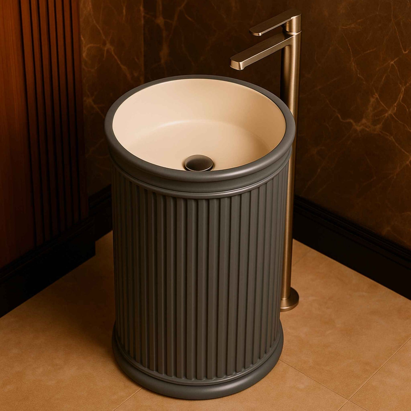 Top view of grey fluted ceramic basin with faucet in luxury bathroom