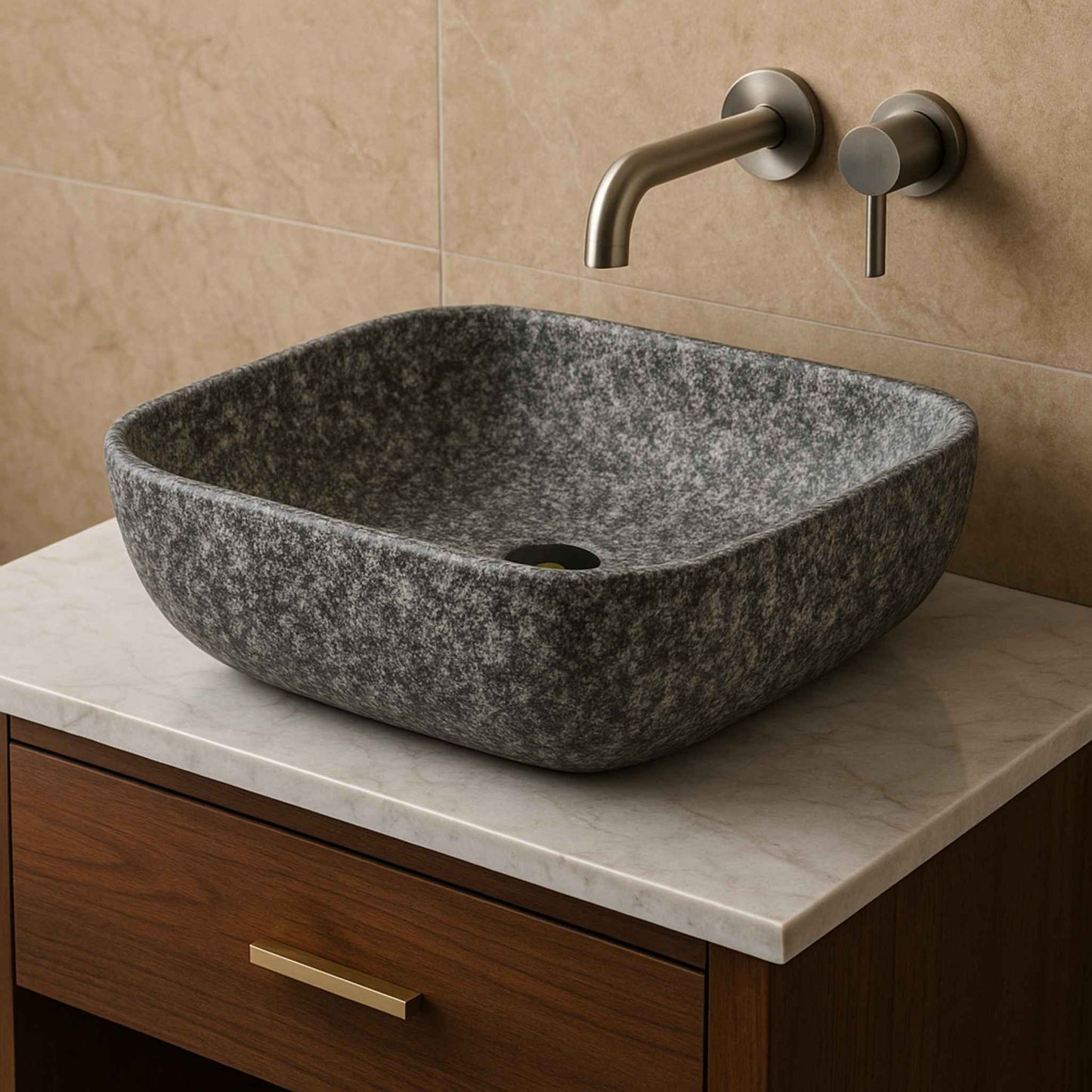 Side view of speckled granite wash basin on a luxury marble vanity