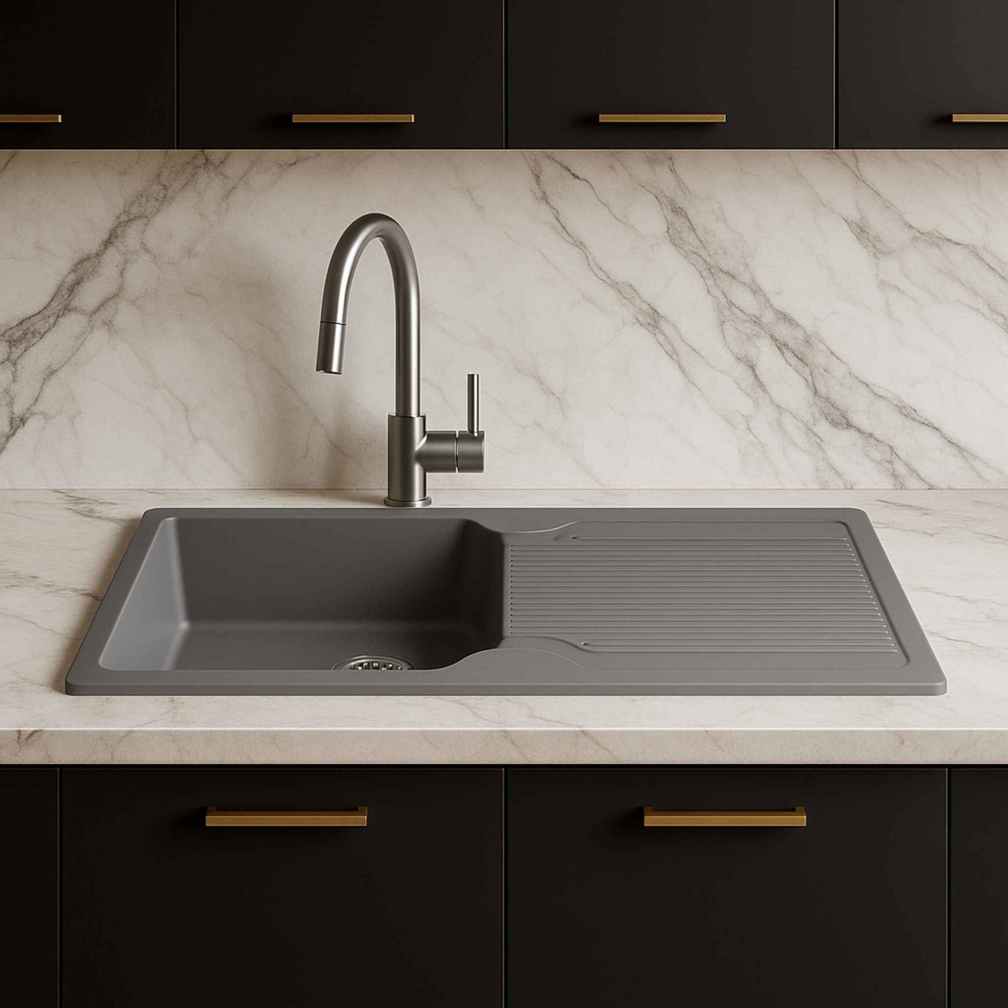 Front view of grey granite kitchen sink in a luxurious satvario marble kitchen setup