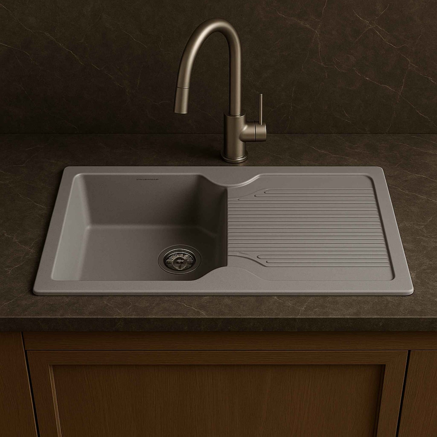 Full kitchen view featuring grey granite kitchen sink in a luxury modular kitchen with satvario marble
