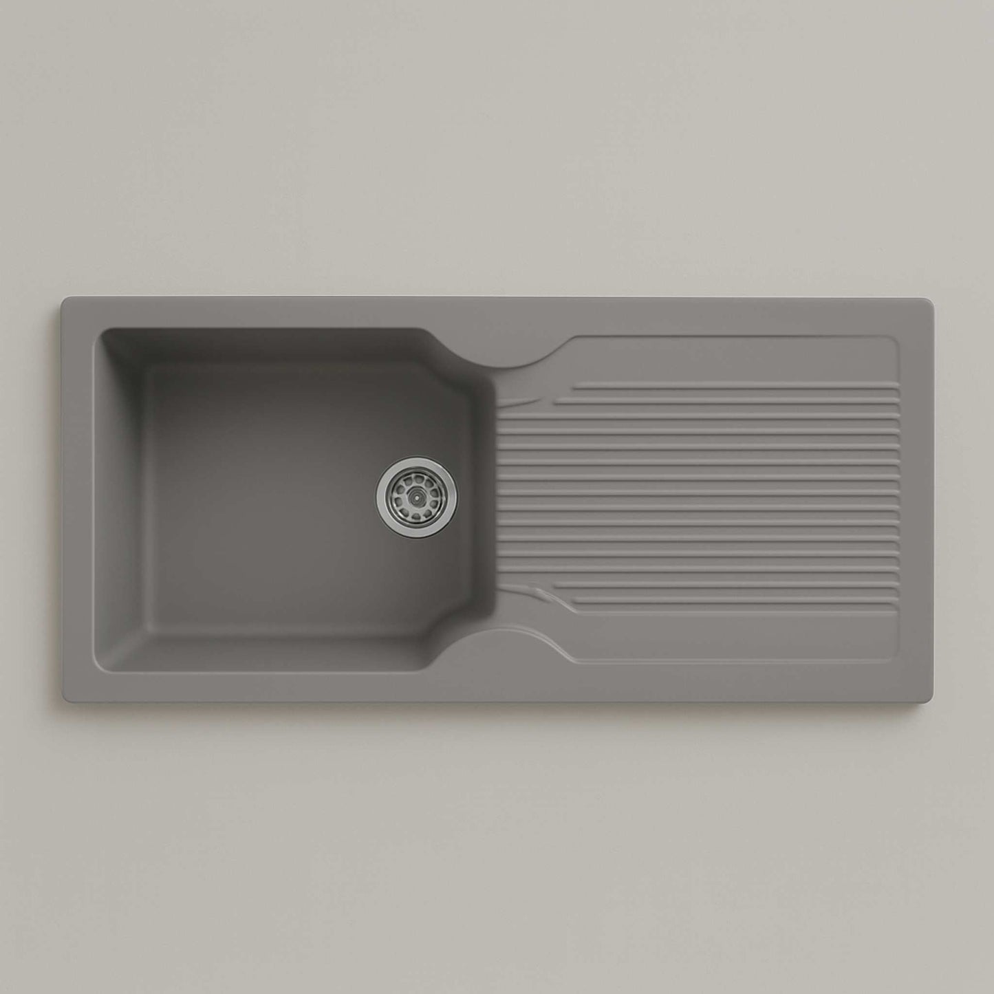 Top view of 36x18x9 inch grey granite kitchen sink with draining panel – single bowl design