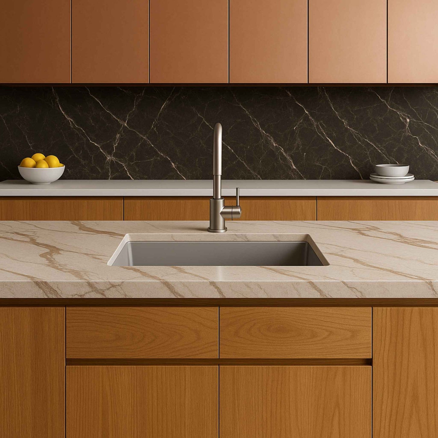 "Full kitchen layout featuring grey metallic sink 18x24x9 inches with Jaipur marble and modular storage