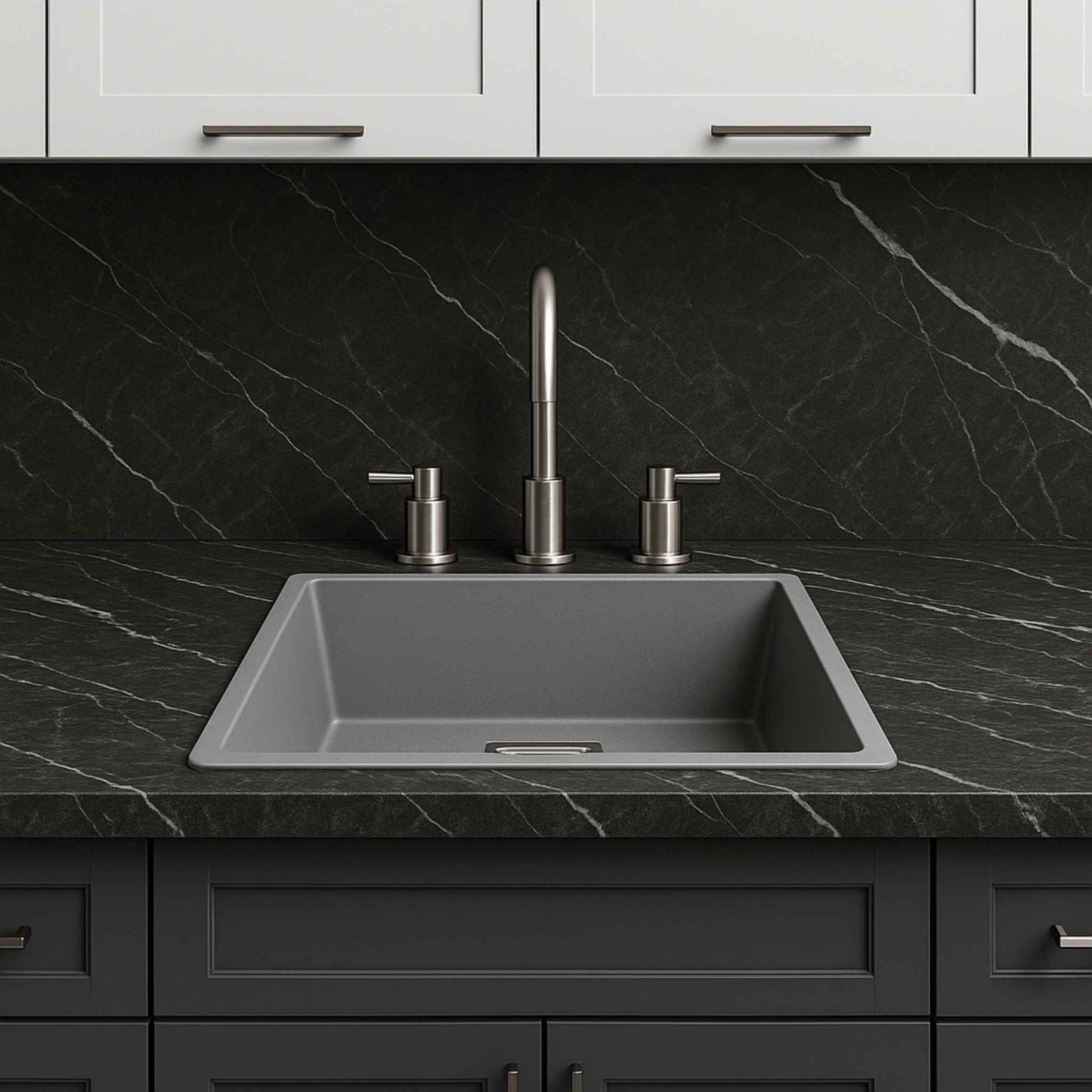 Front view of 18x21x9 grey metallic kitchen sink placed in luxury kitchen with dark Italian marble countertop