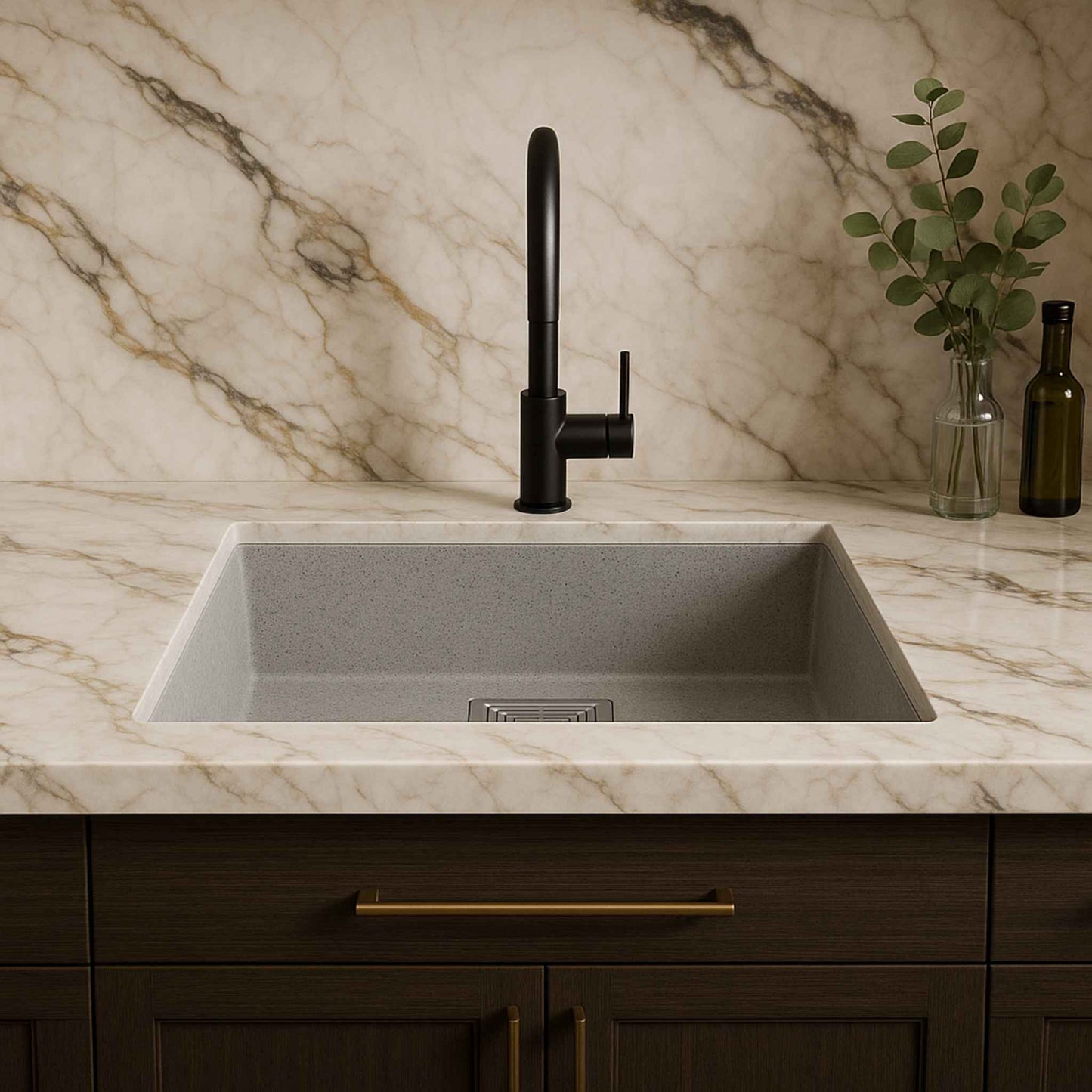 Front angle view of quartz grey kitchen sink with chrome faucet