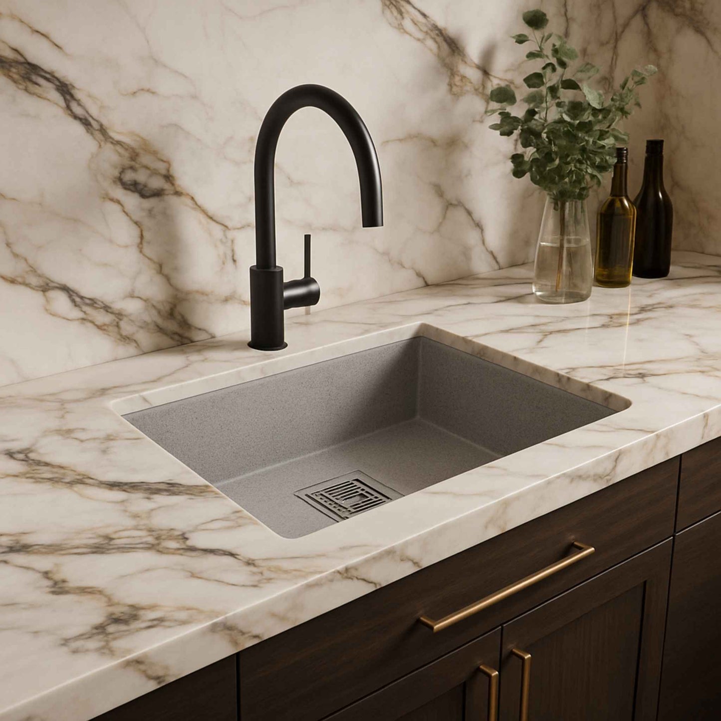 Side angle image of granite grey kitchen sink showing thickness and depth