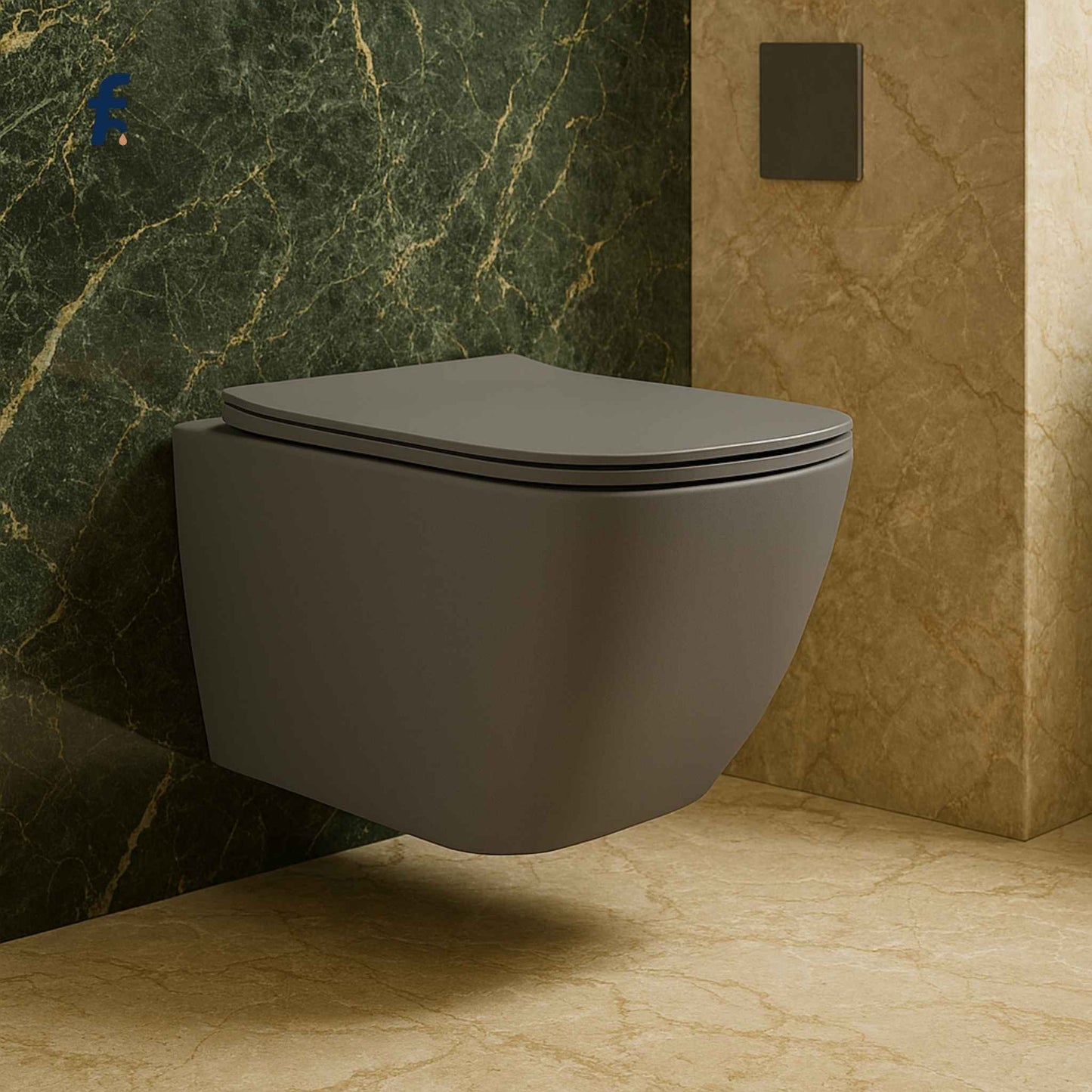 Wall-mounted gray toilet in a bathroom with green and beige marble walls.