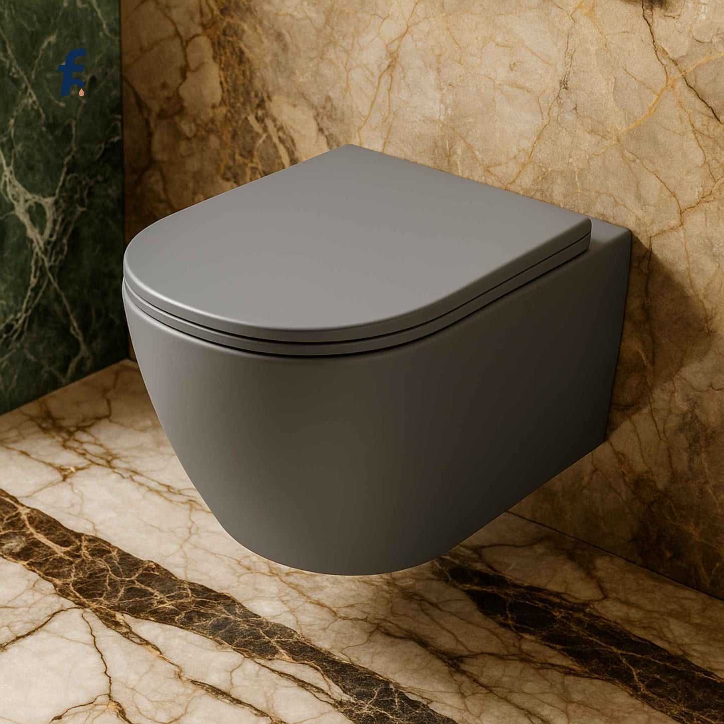 Wall-mounted gray toilet against a marble wall