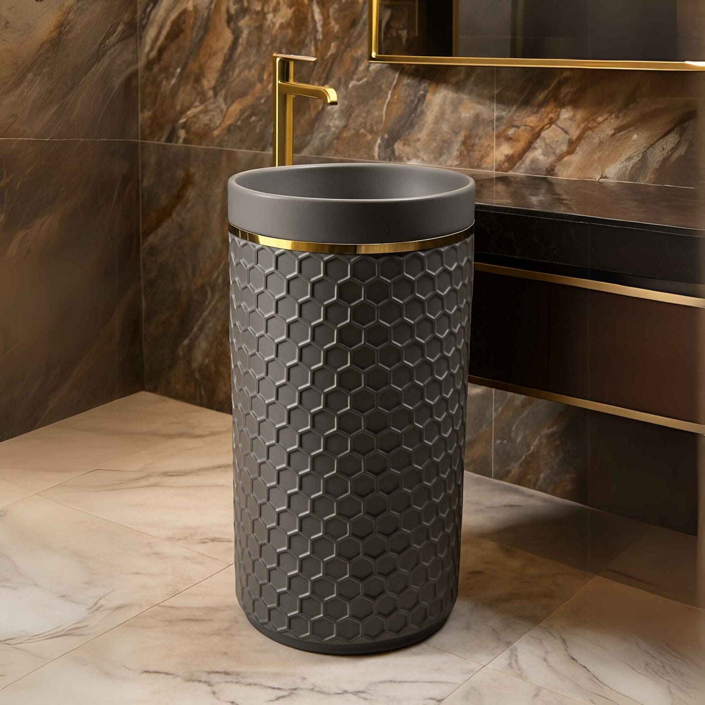 Side angle of luxury grey honeycomb patterned pedestal washbasin